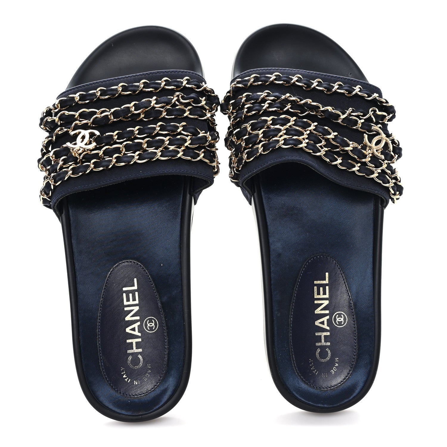Satin Canvas Chain Slides Sandals Flats 38 Marine