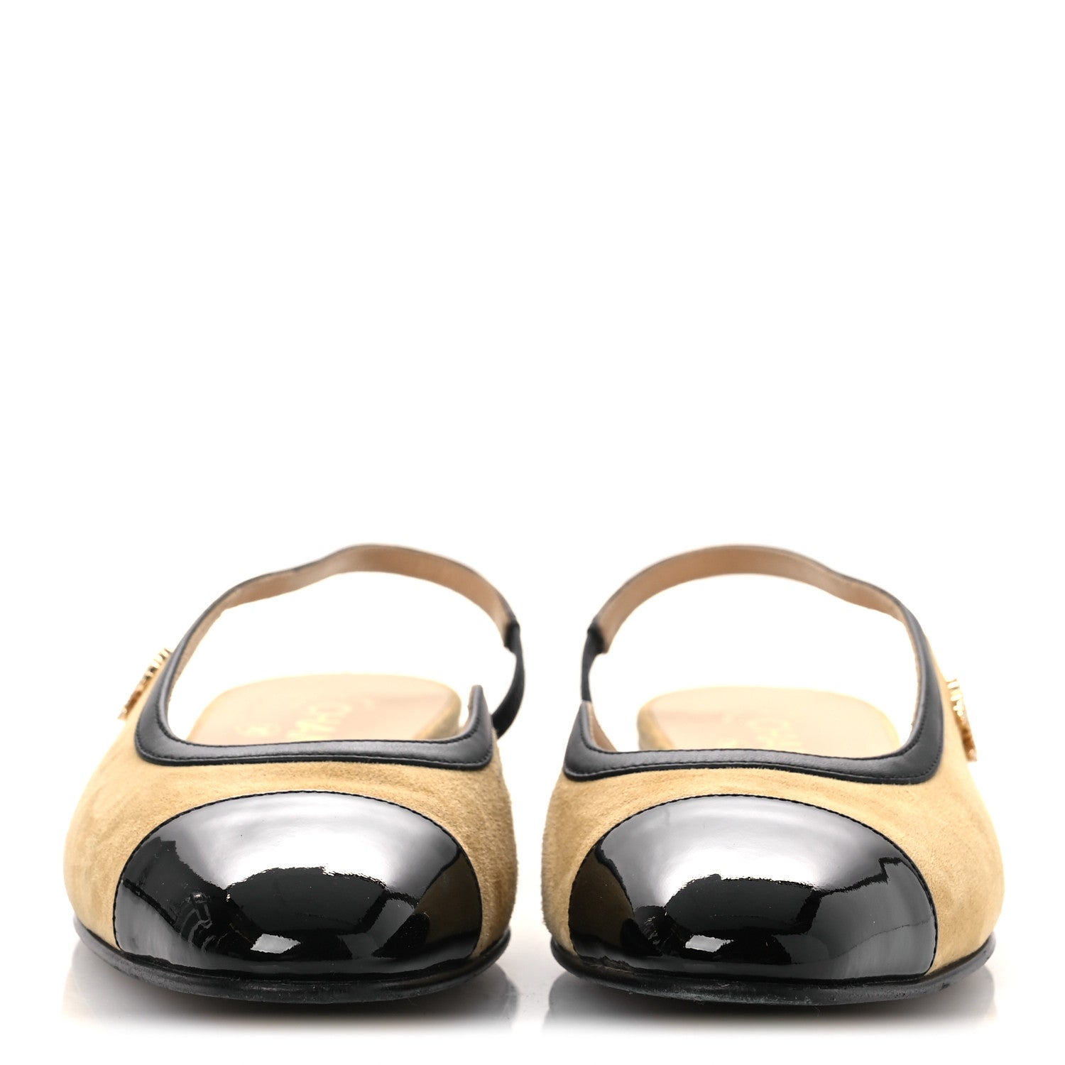 Suede Patent Crystal CC Cap Toe Slingback Flats 37 Beige Black