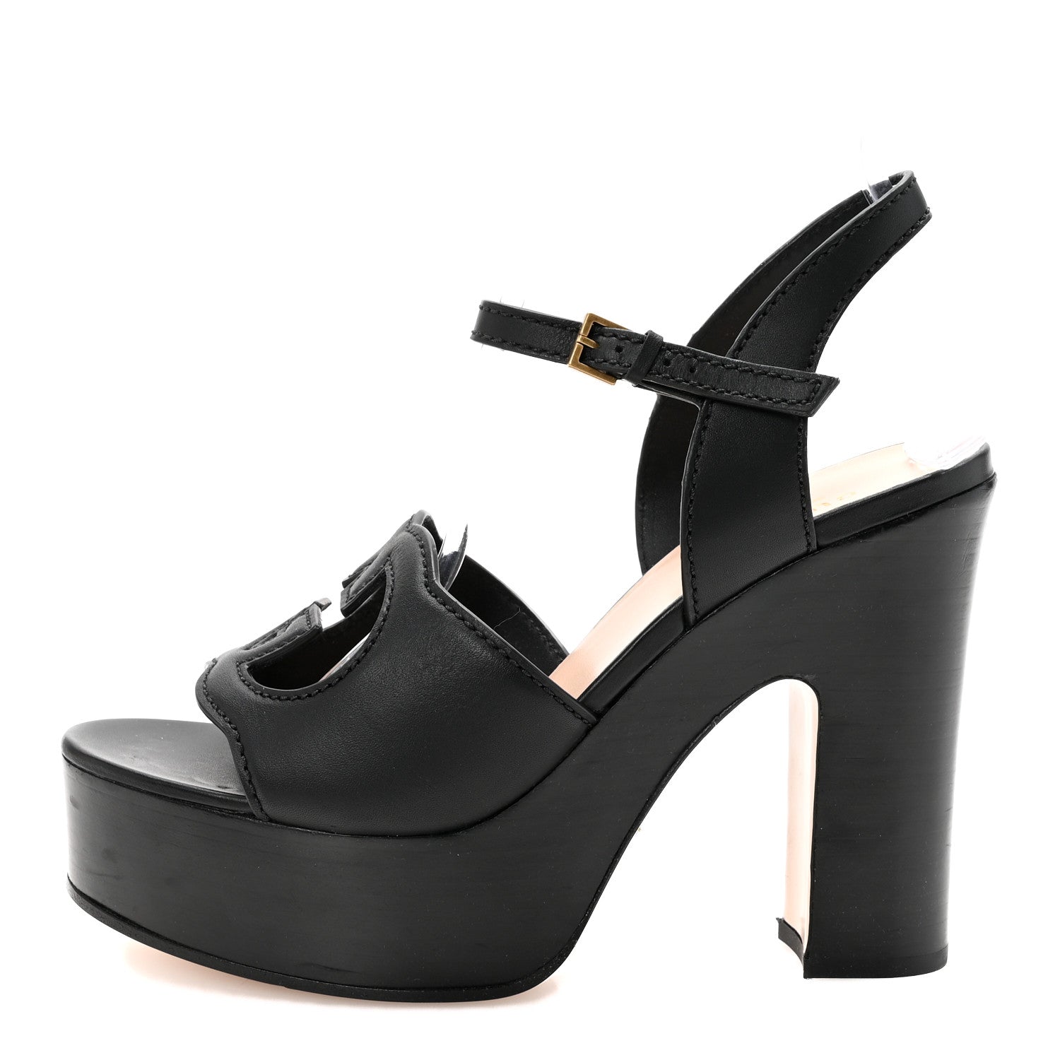 Cosmos Softy Calfskin Wooden Interlocking G Cut-Out 30/120mm Platform Sandals 39.5 Black