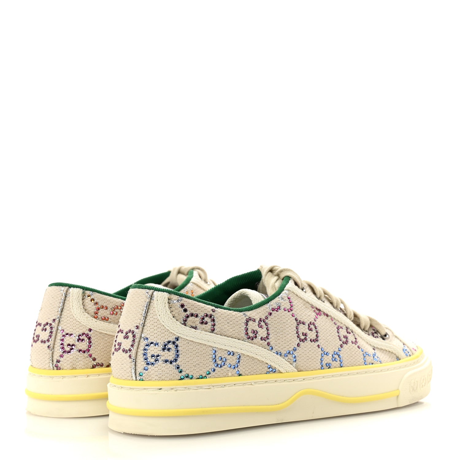 Canvas Lame Crystal GG Monogram Womens 1977 Tennis Sneakers 36 Gardenia Silver Mystic White