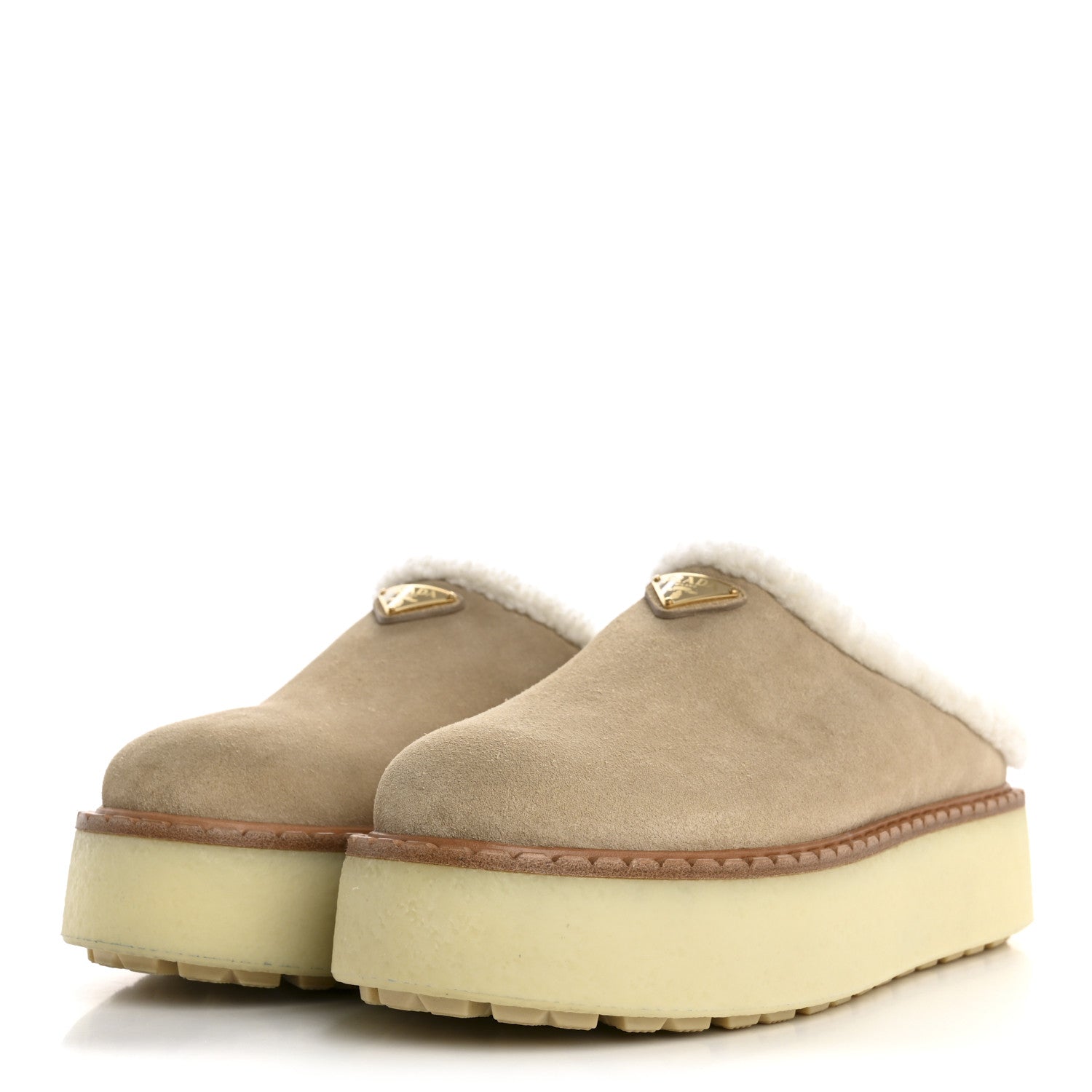 Suede Shearling Triangle Logo Slippers 40.5 Deserto