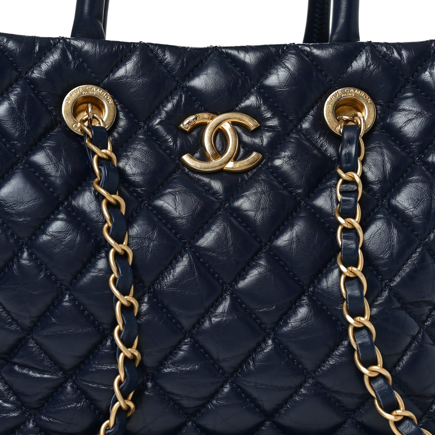 Aged Calfskin Quilted Medium Coco Handle Shopping Tote Navy