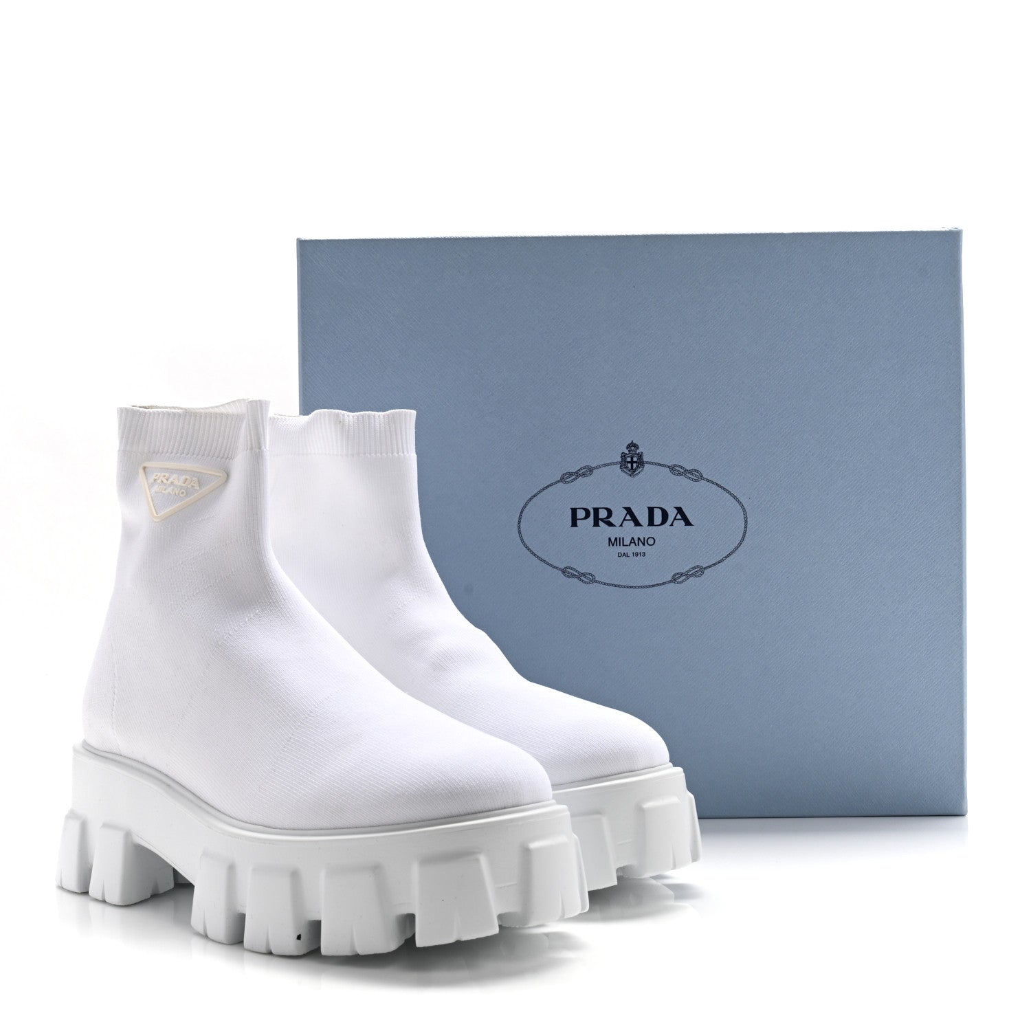 Knit Rubber Triangle Logo Monolith 55mm Ankle Boots 38 Bianco