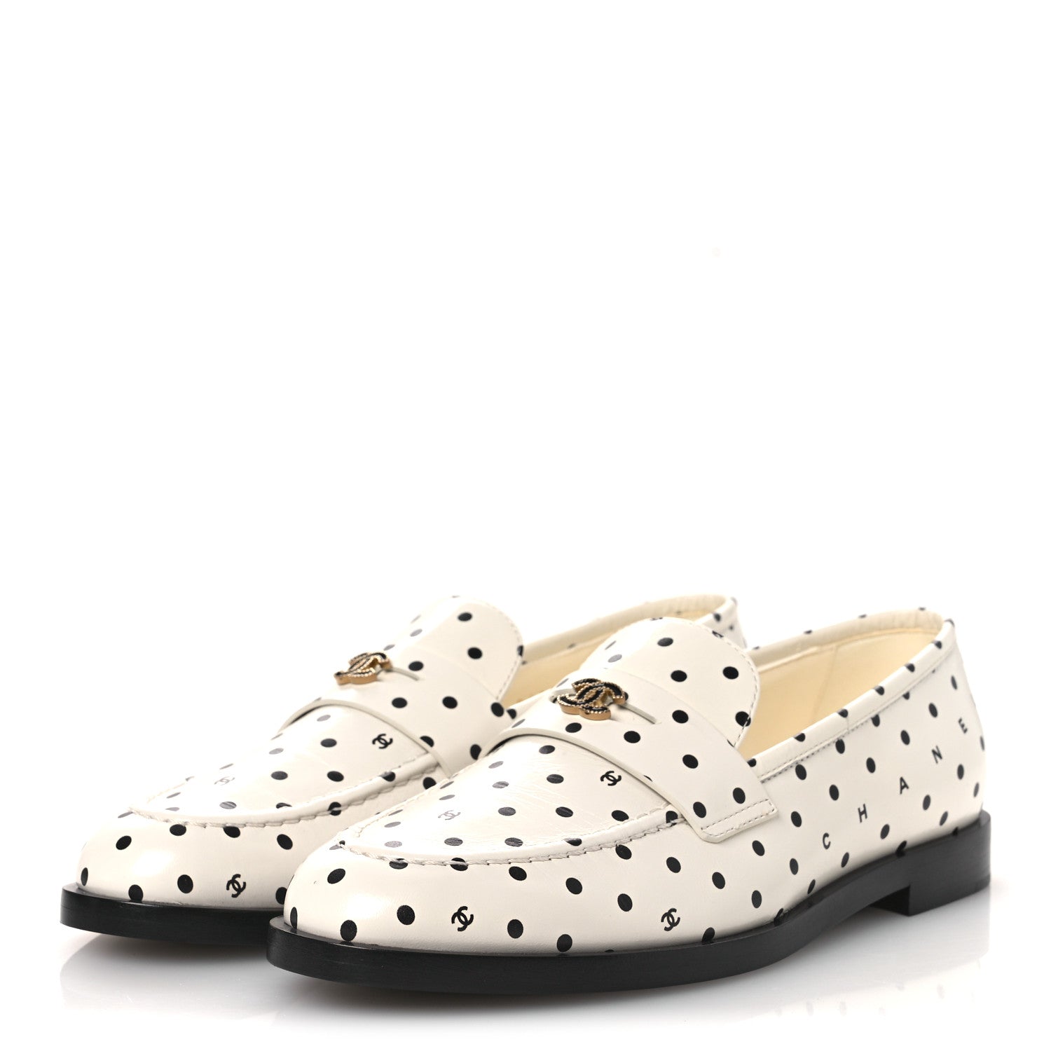 Printed Calfskin CC Dots Moccasin Loafers 36 Ivory Black