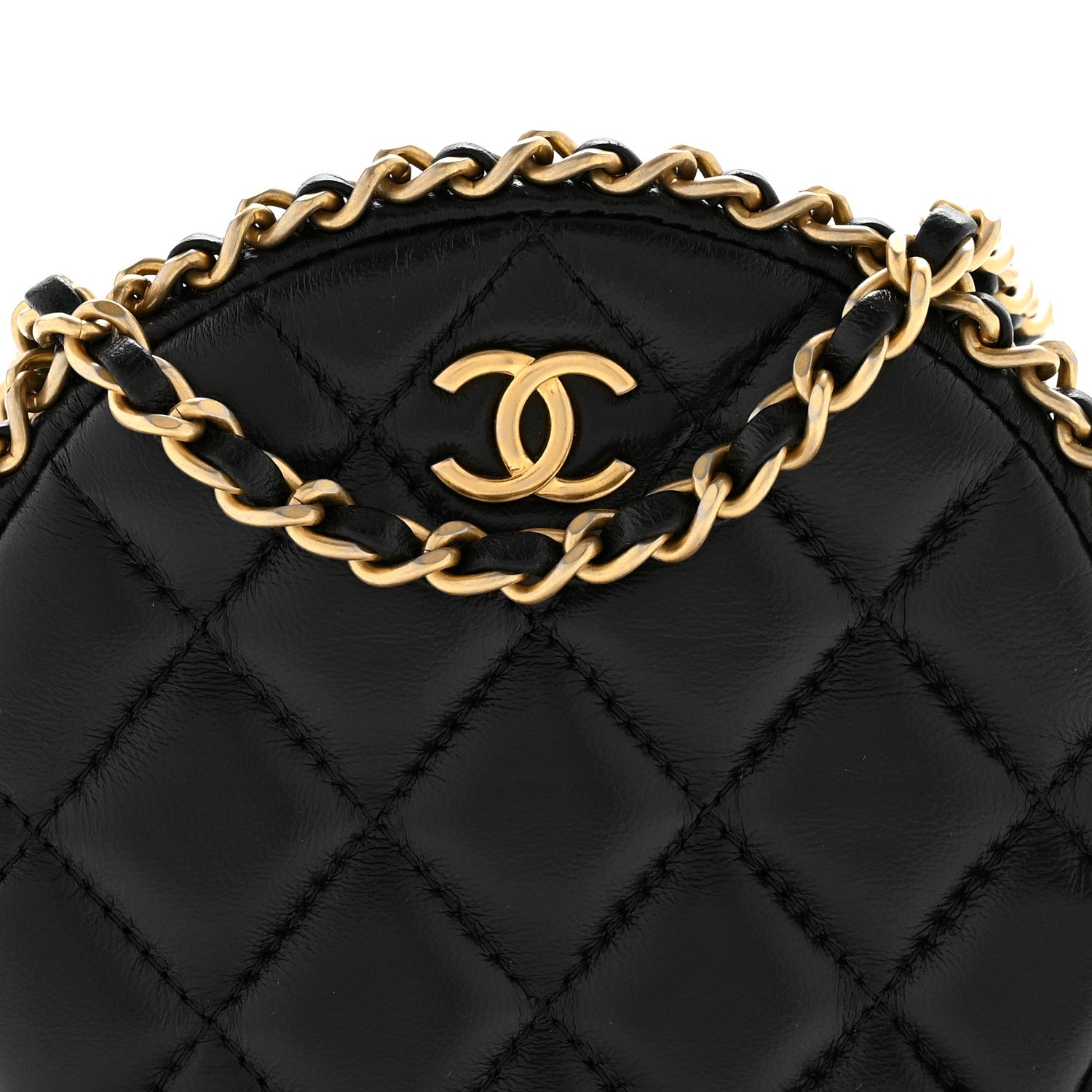 Lambskin Quilted Chain Around CC Round Clutch With Chain Black
