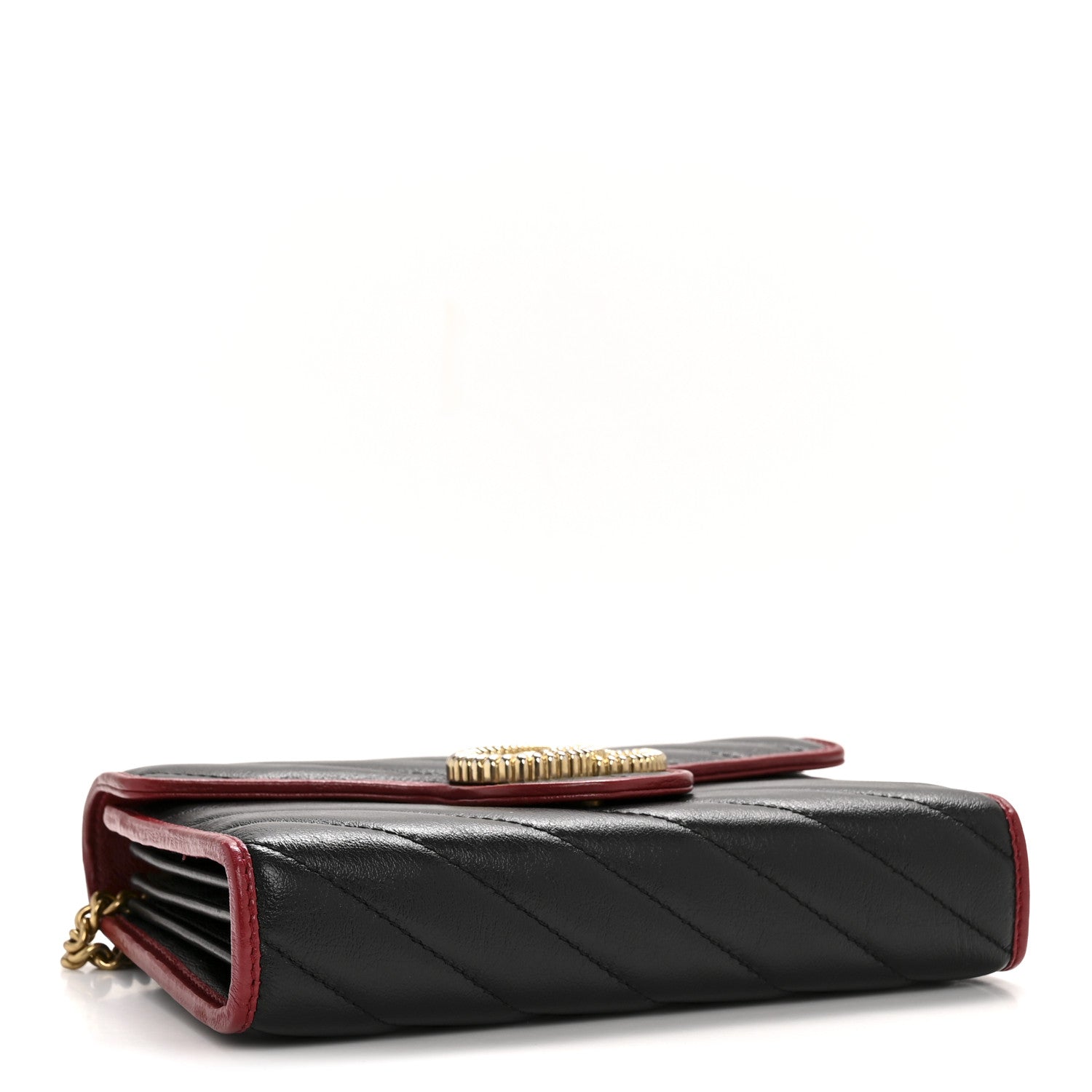 Vintage Effect Calfskin Matelasse Diagonal Torchon GG Marmont Chain Wallet Black Romantic Cherry