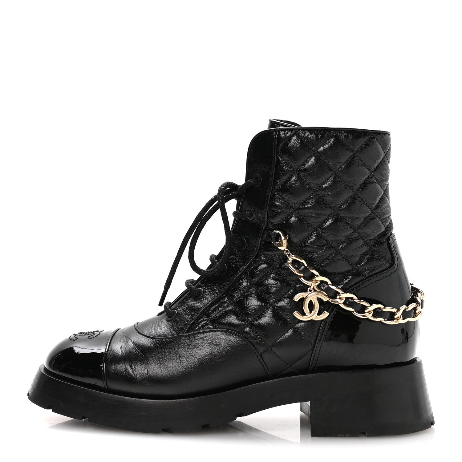 Shiny Calfskin Patent Quilted Chain Lace Up Combat Boots 40 Black