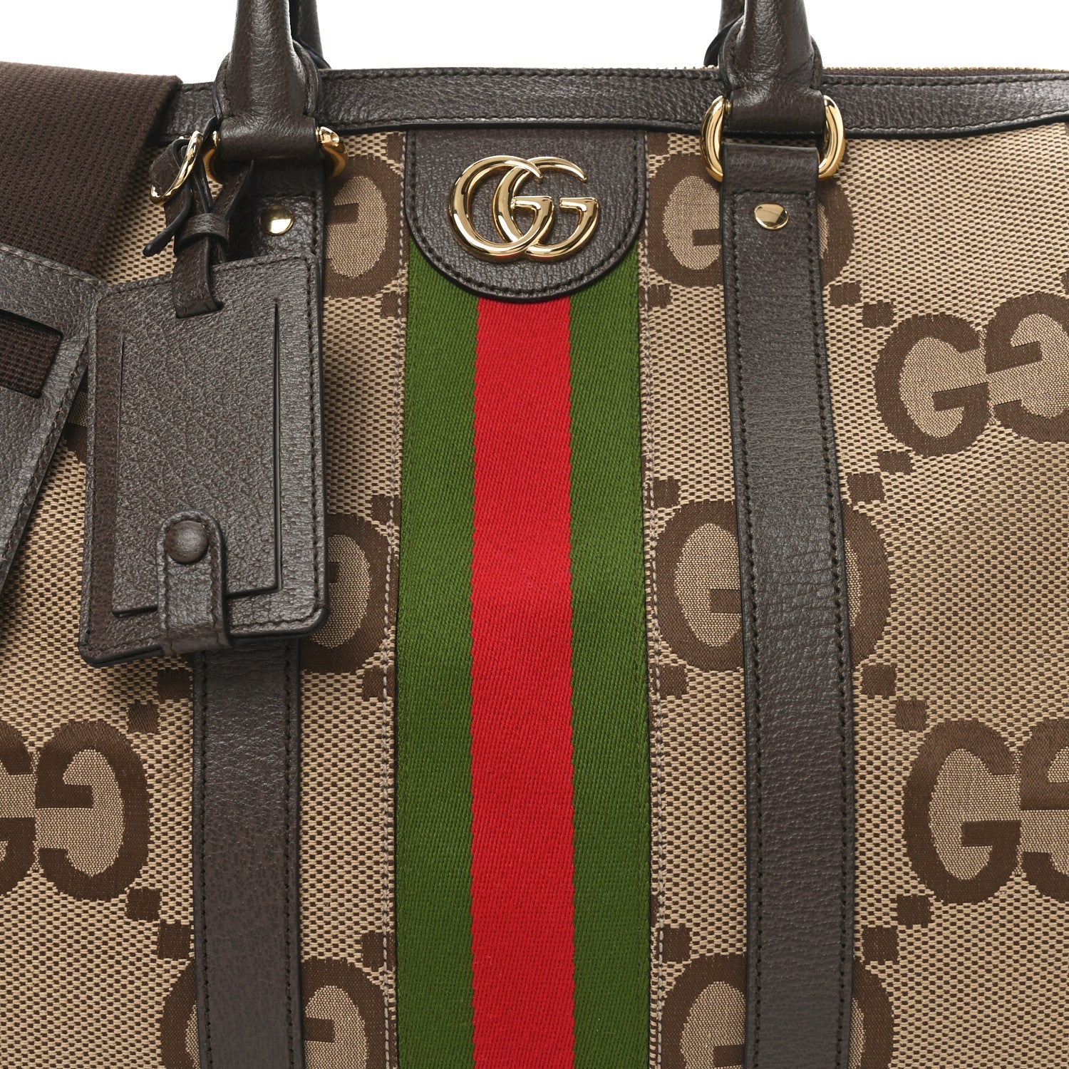 Monogram Jumbo GG Textured Dollar Calfskin Web Medium Duffle Bag Camel Ebony