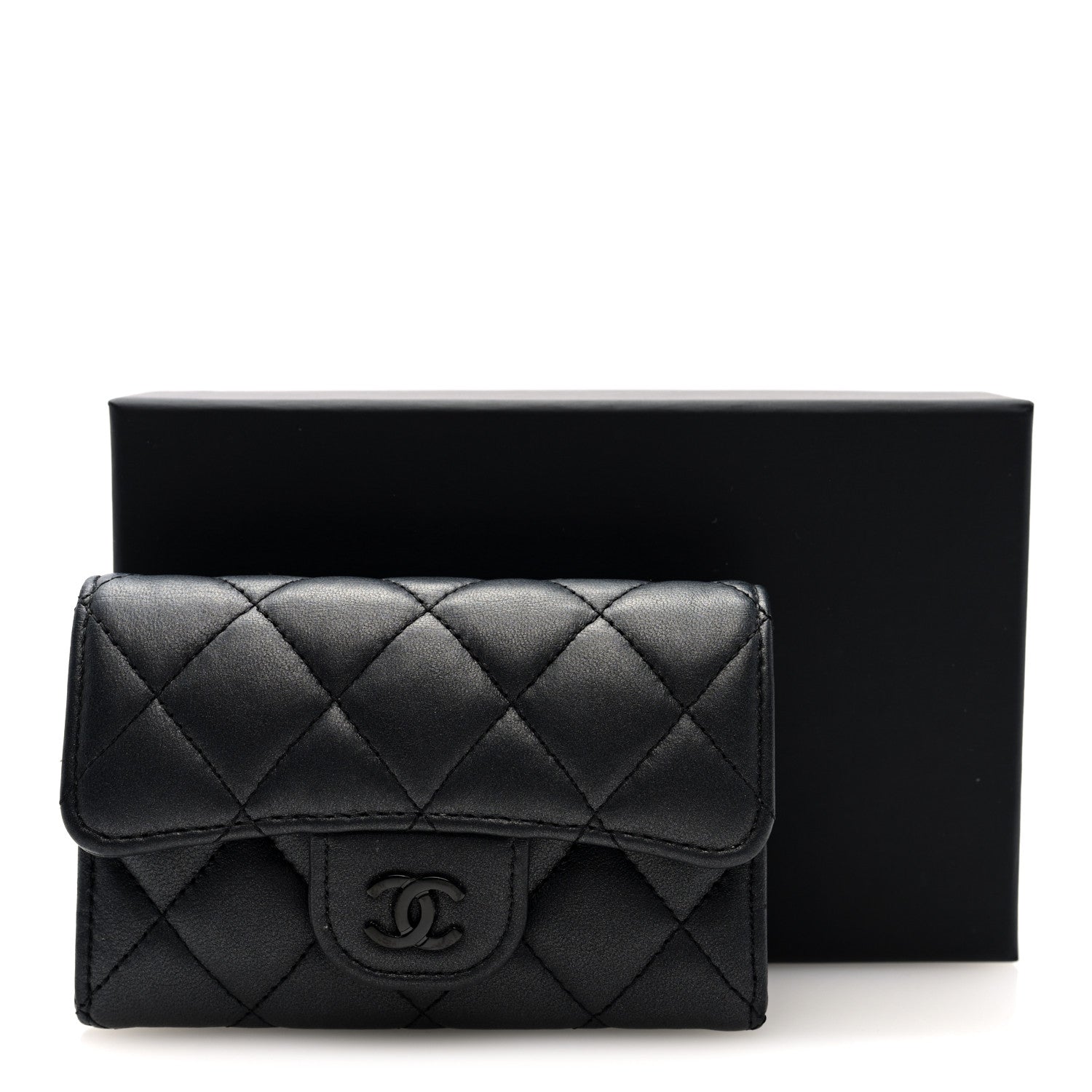 Pearly Lambskin Quilted Flap Card Holder Wallet So Black