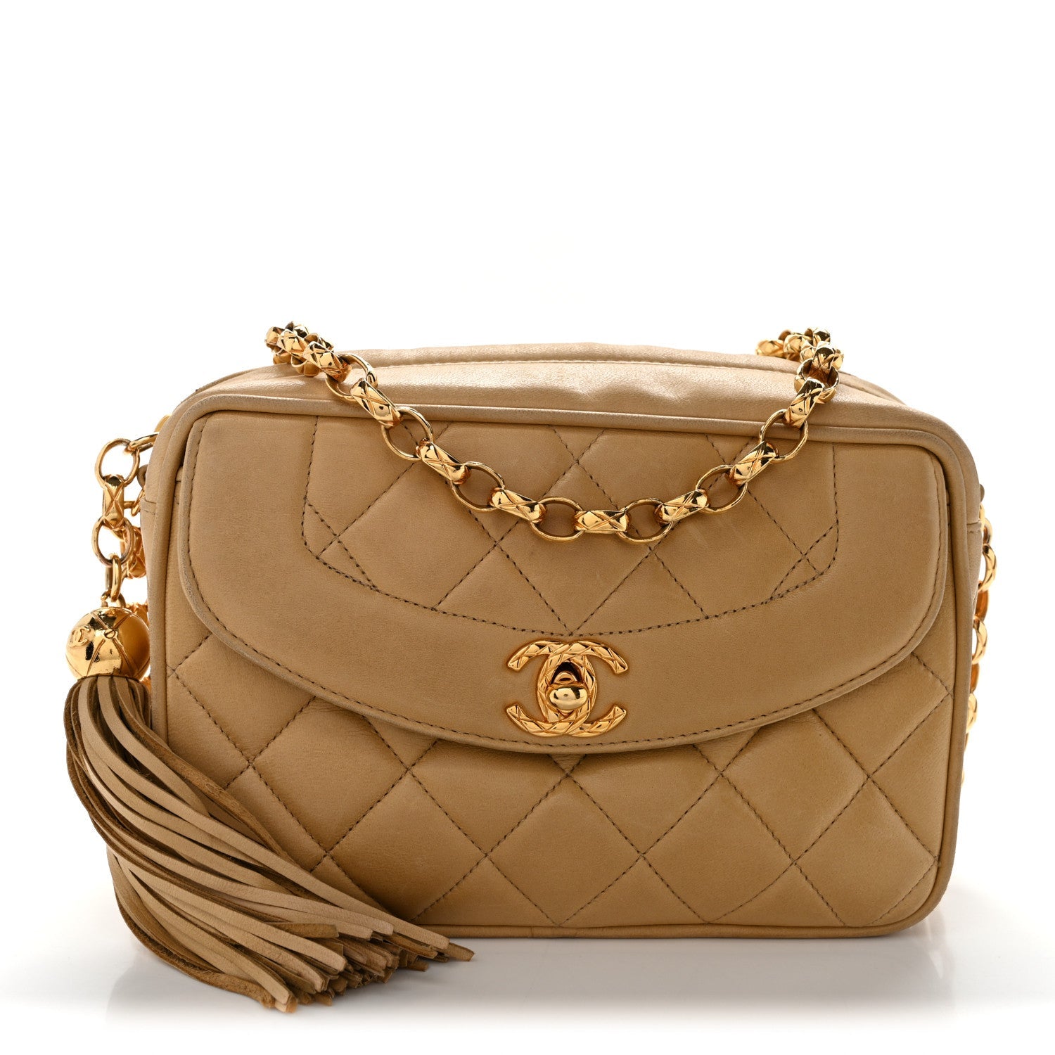 Lambskin Quilted Tassel Flap Camera Bag Light Beige