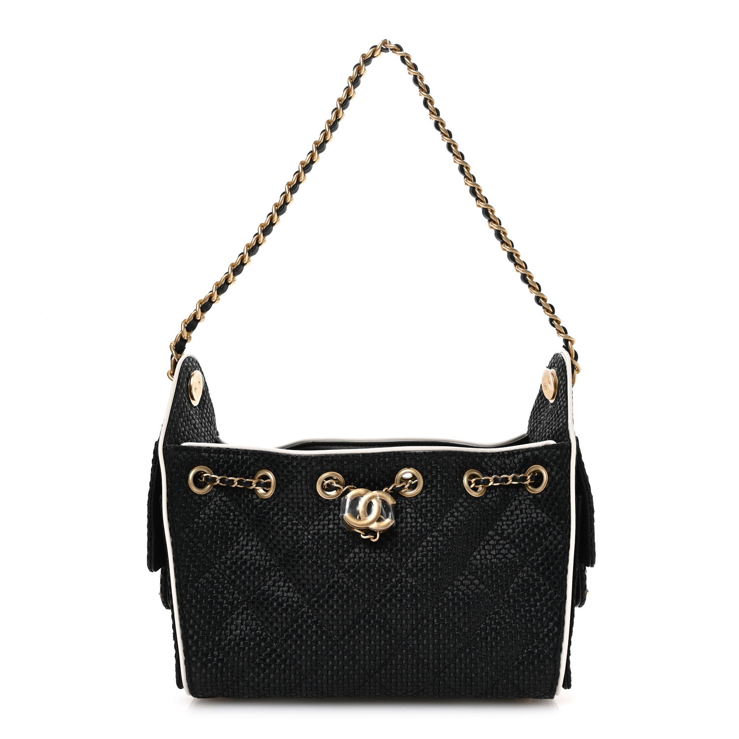 Braided Raffia Calfskin Mini Chanel 25 Handbag Black White