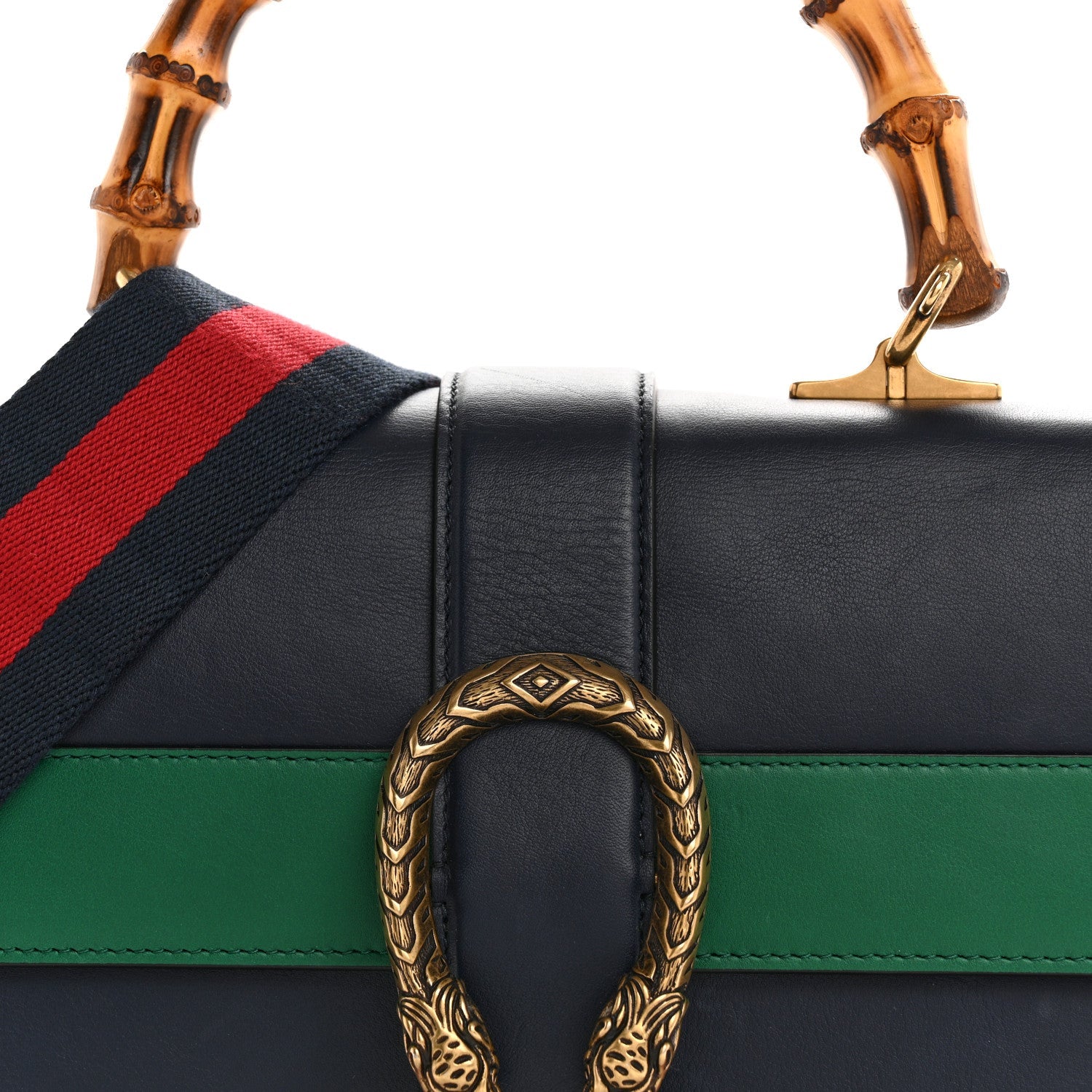 Moon Calfskin Web Medium Dionysus Bamboo Top Handle Bag Blue Emerald Hibiscus Red