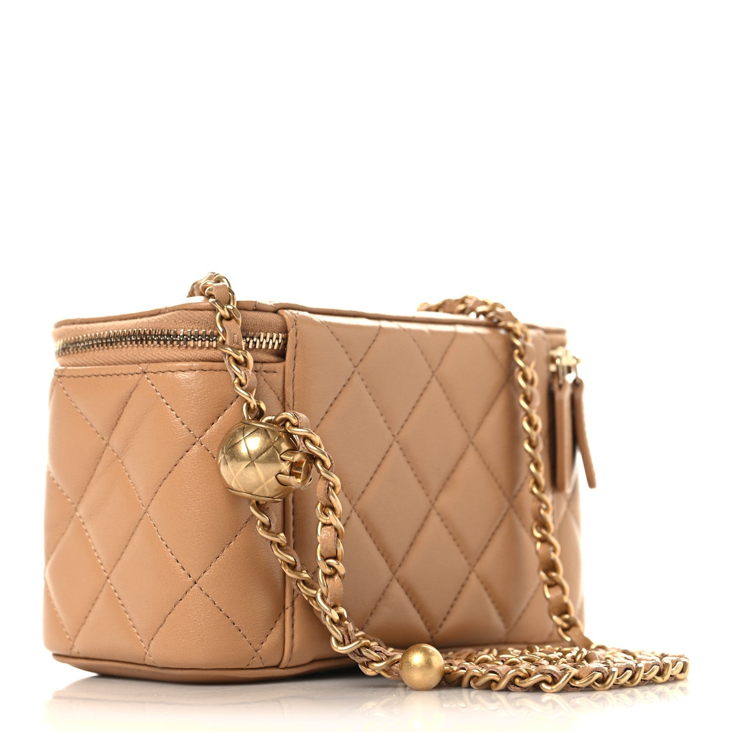 Lambskin Quilted Pearl Crush Small Vanity Case With Chain Beige