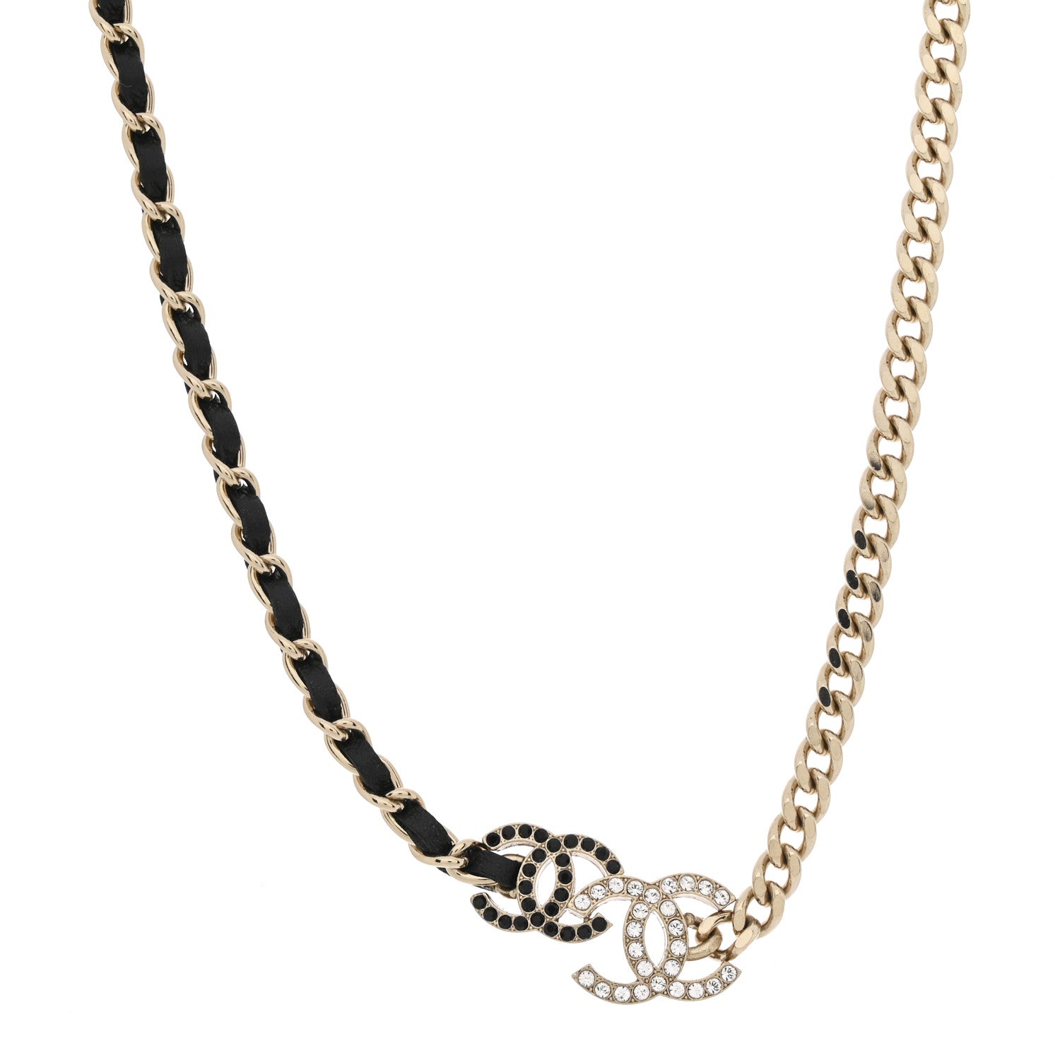 Lambskin Crystal CC Chain Choker Necklace Black Gold
