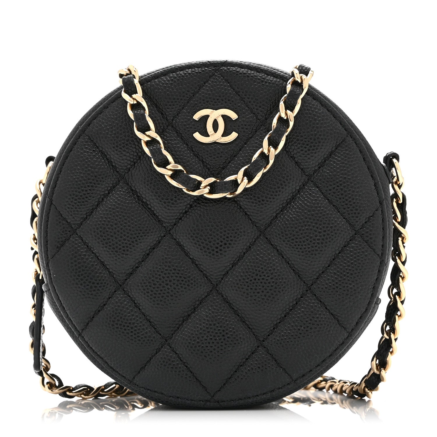 Caviar Quilted Round Clutch With Chain Black