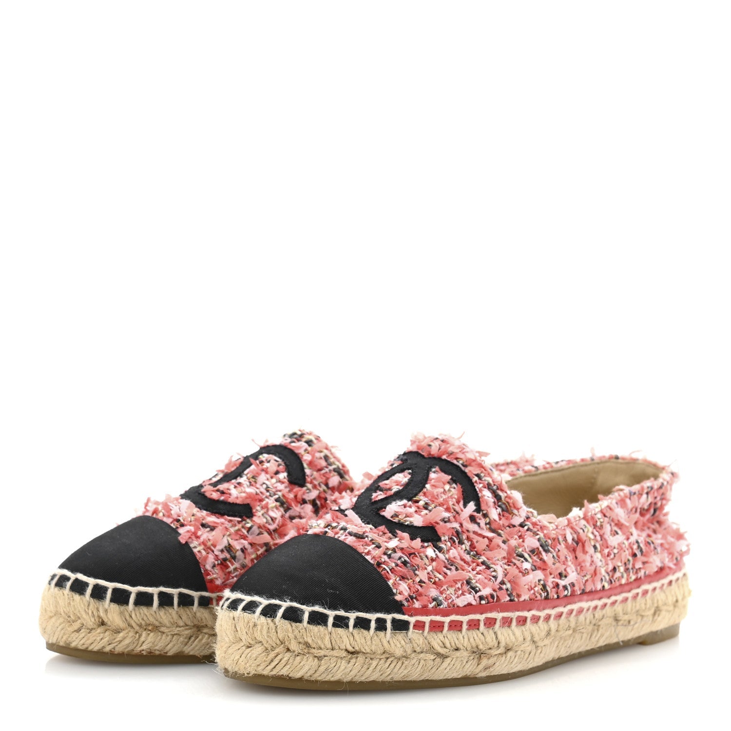 Tweed Grosgrain CC Espadrilles 36 Coral Red Pink Black