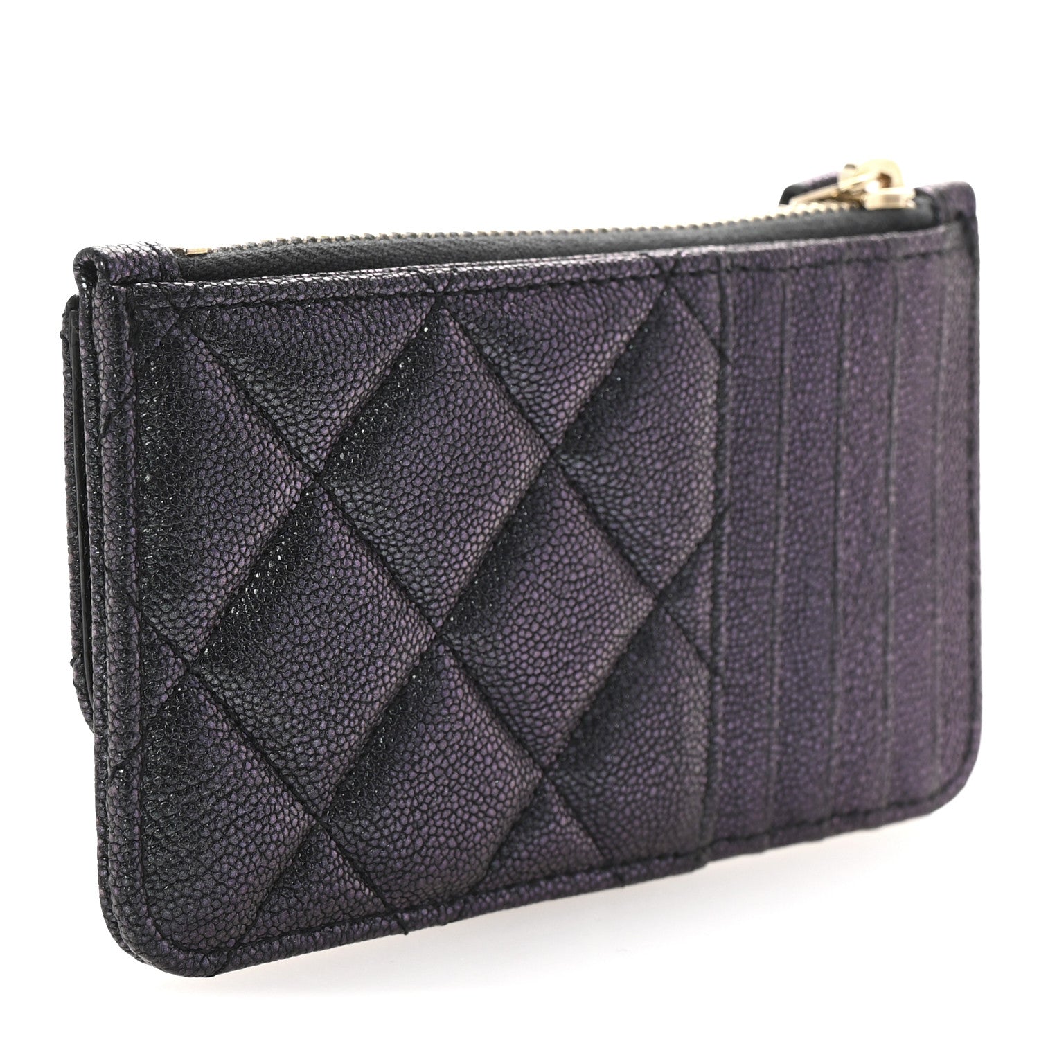 Iridescent Caviar Quilted Flap Zip Card Holder Black
