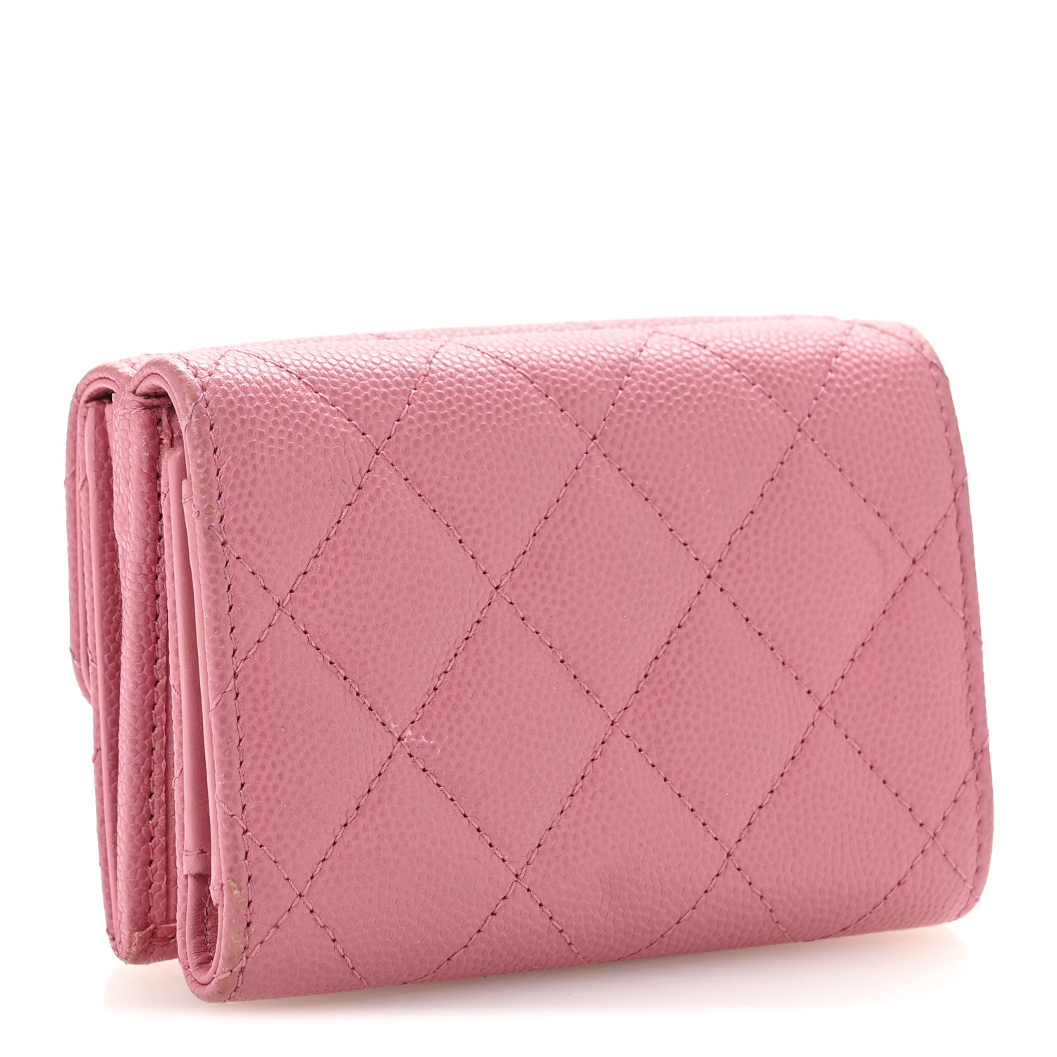 Caviar Quilted Textured CC Small Tri-Fold Flap Wallet Pink