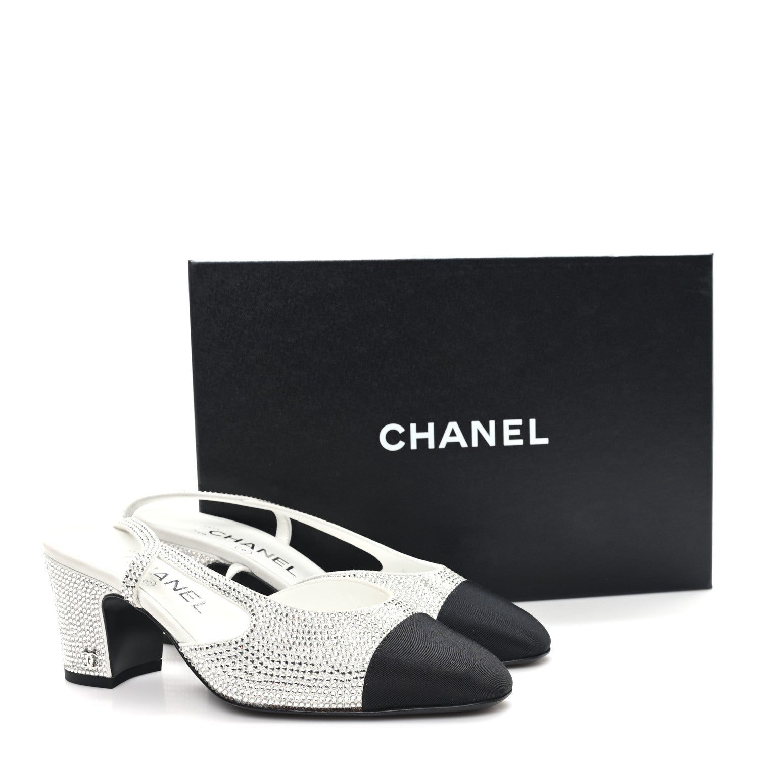 Strass Grosgrain Cap Toe CC Slingback Pumps 36 Silver Black