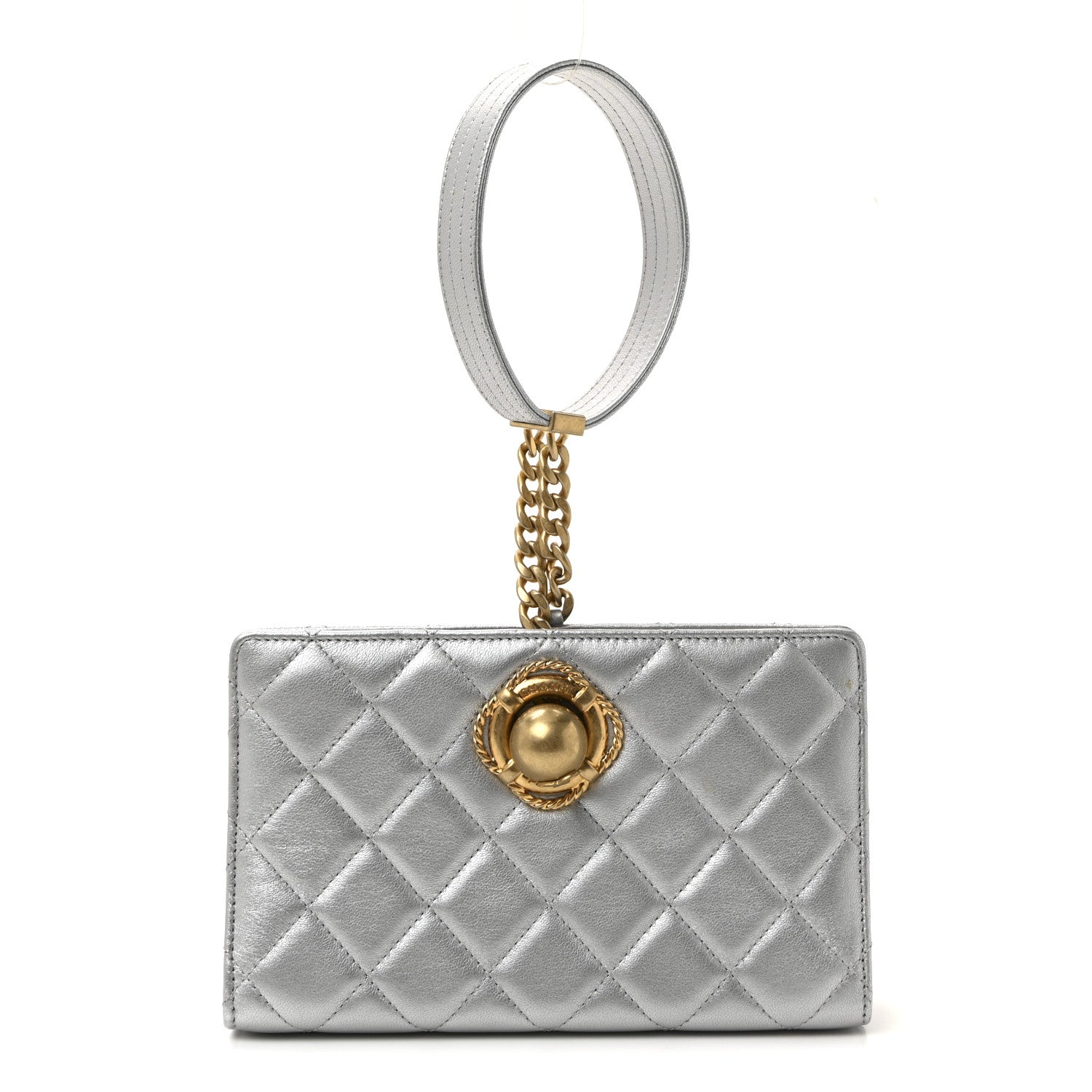 Metallic Lambskin Quilted Evening By The Sea Clutch Silver