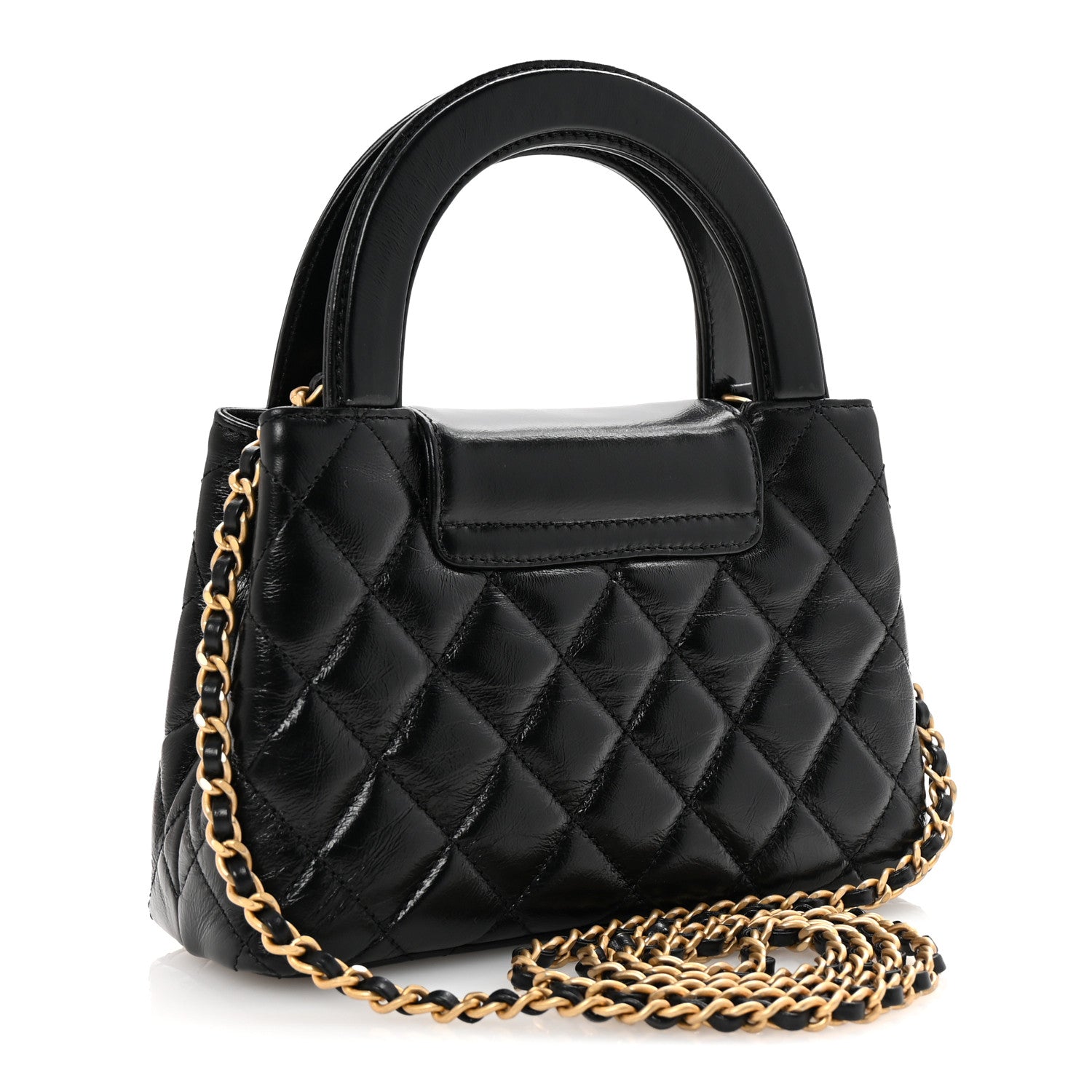 Shiny Aged Calfskin Quilted Nano Kelly Shopper Black