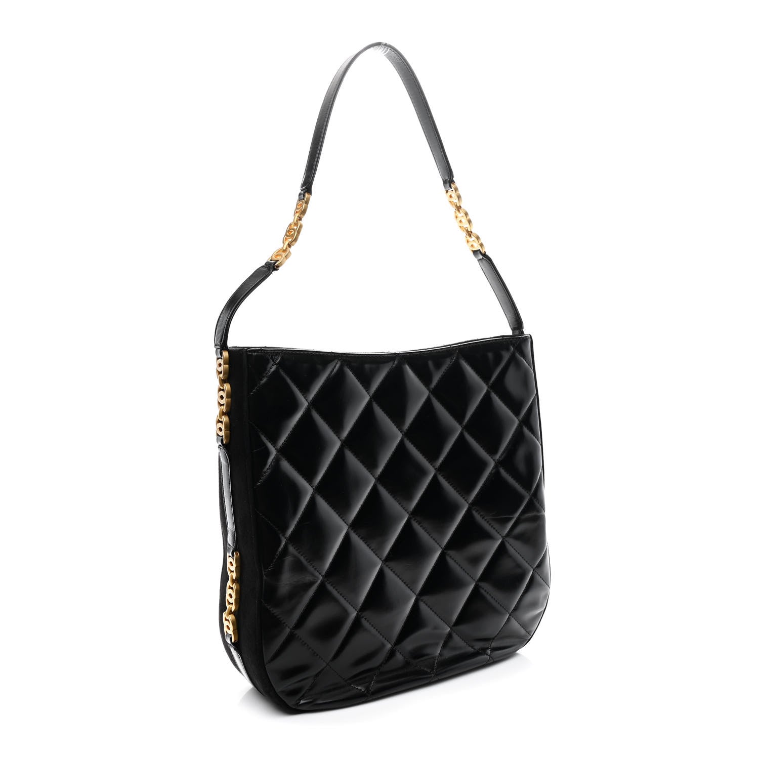 Shiny Calfskin Suede Goatskin Quilted Hobo Black