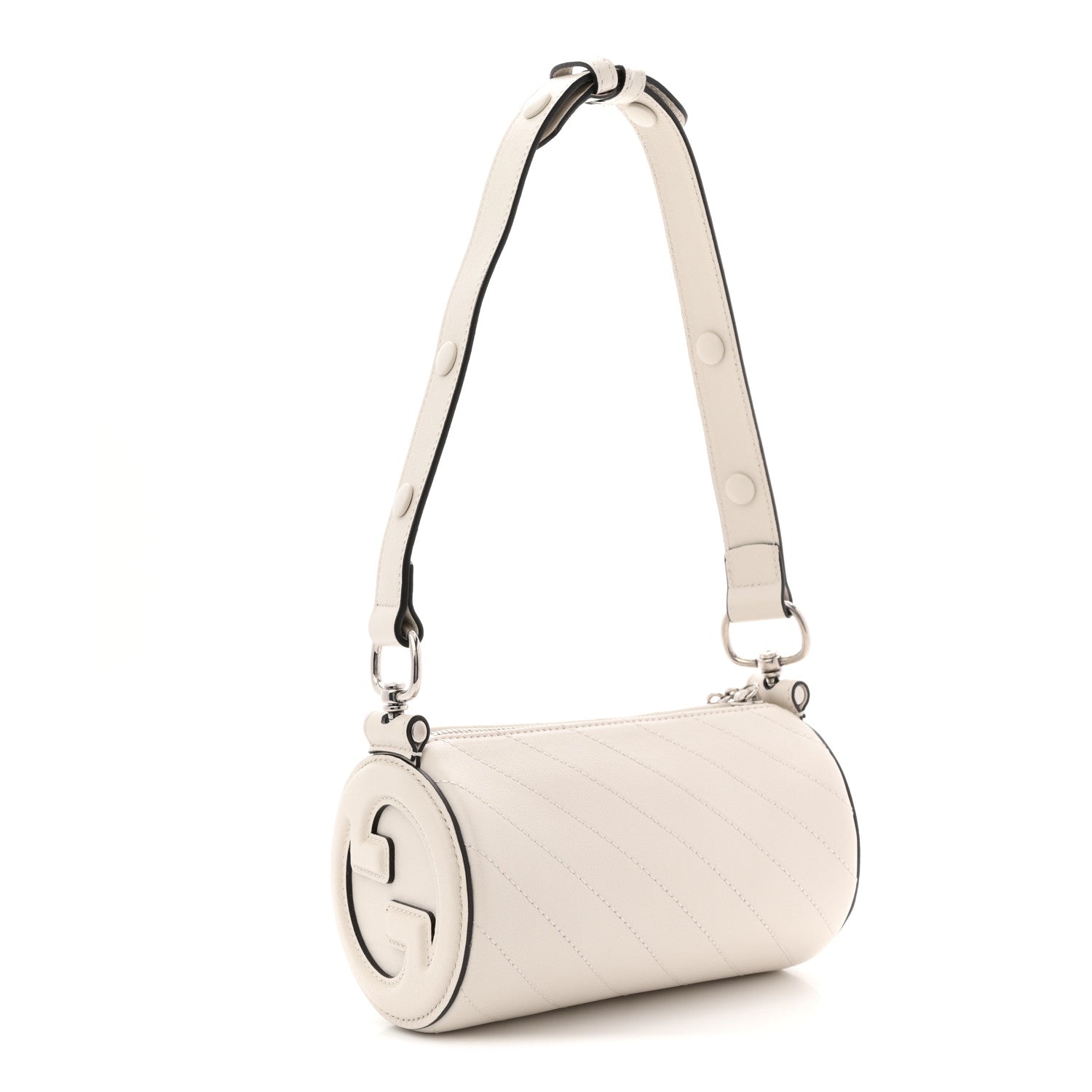 Sakai Be Green Calfskin Diagonal Stitched Mini Blondie Barrel Shoulder Bag Mystic White