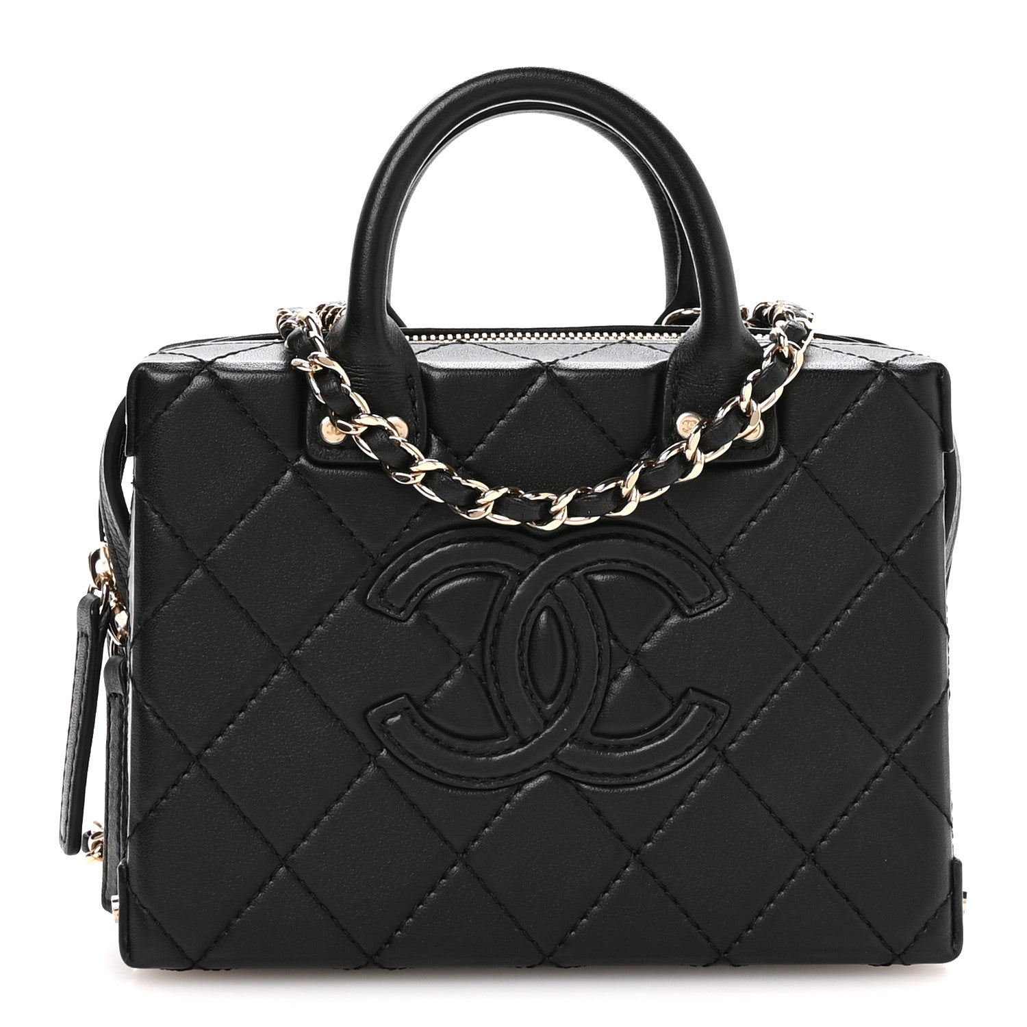 Calfskin Quilted Small Studded Square Vanity Case Black