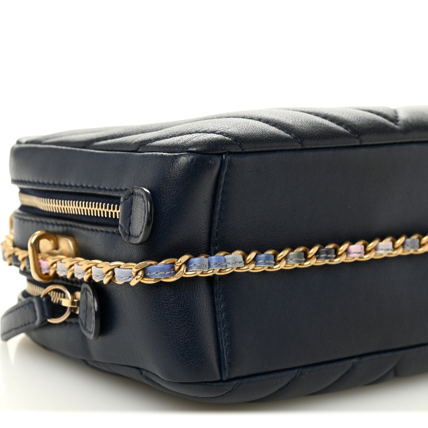 Lambskin Chevron Quilted Chain Around Camera Case Navy