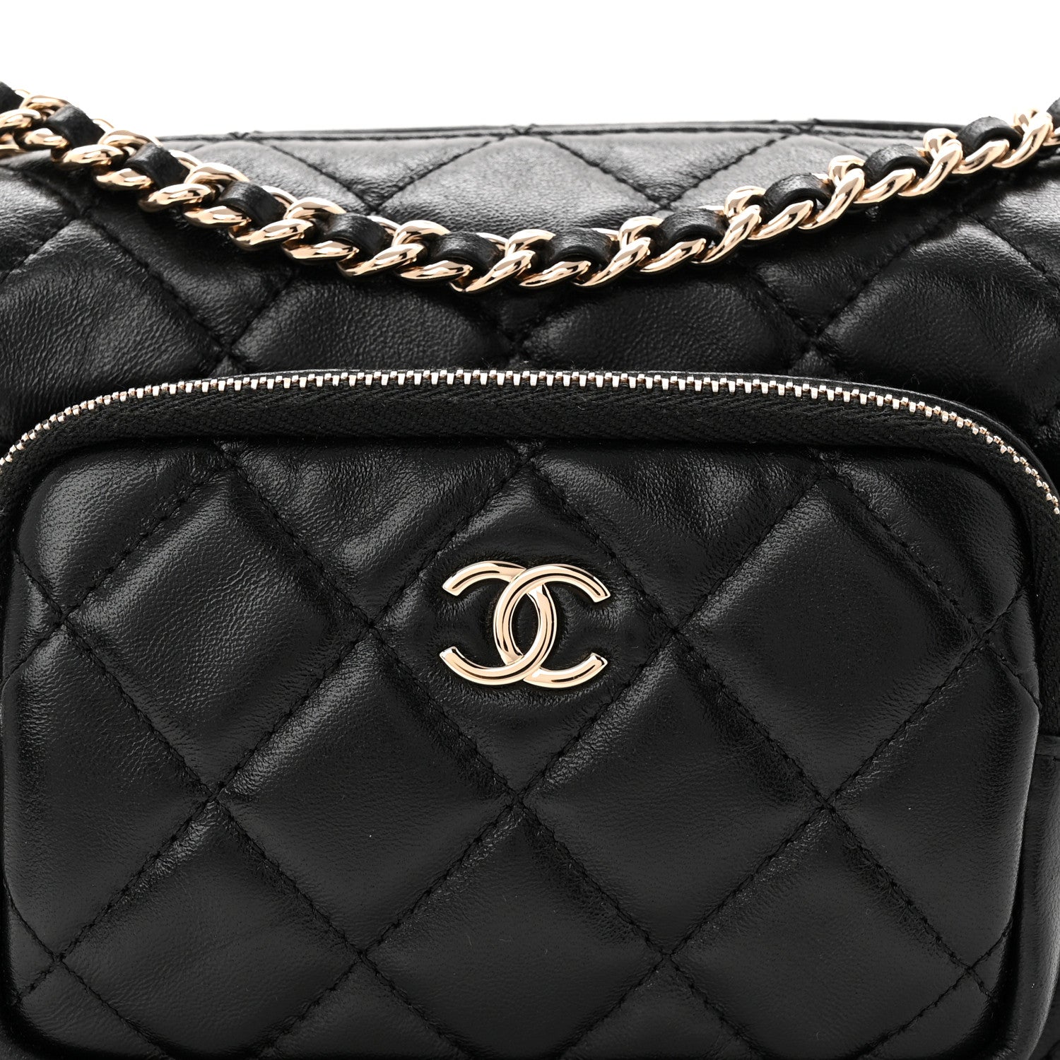 Shiny Crumpled Lambskin Quilted Small Preppy Pocket Camera Case Black