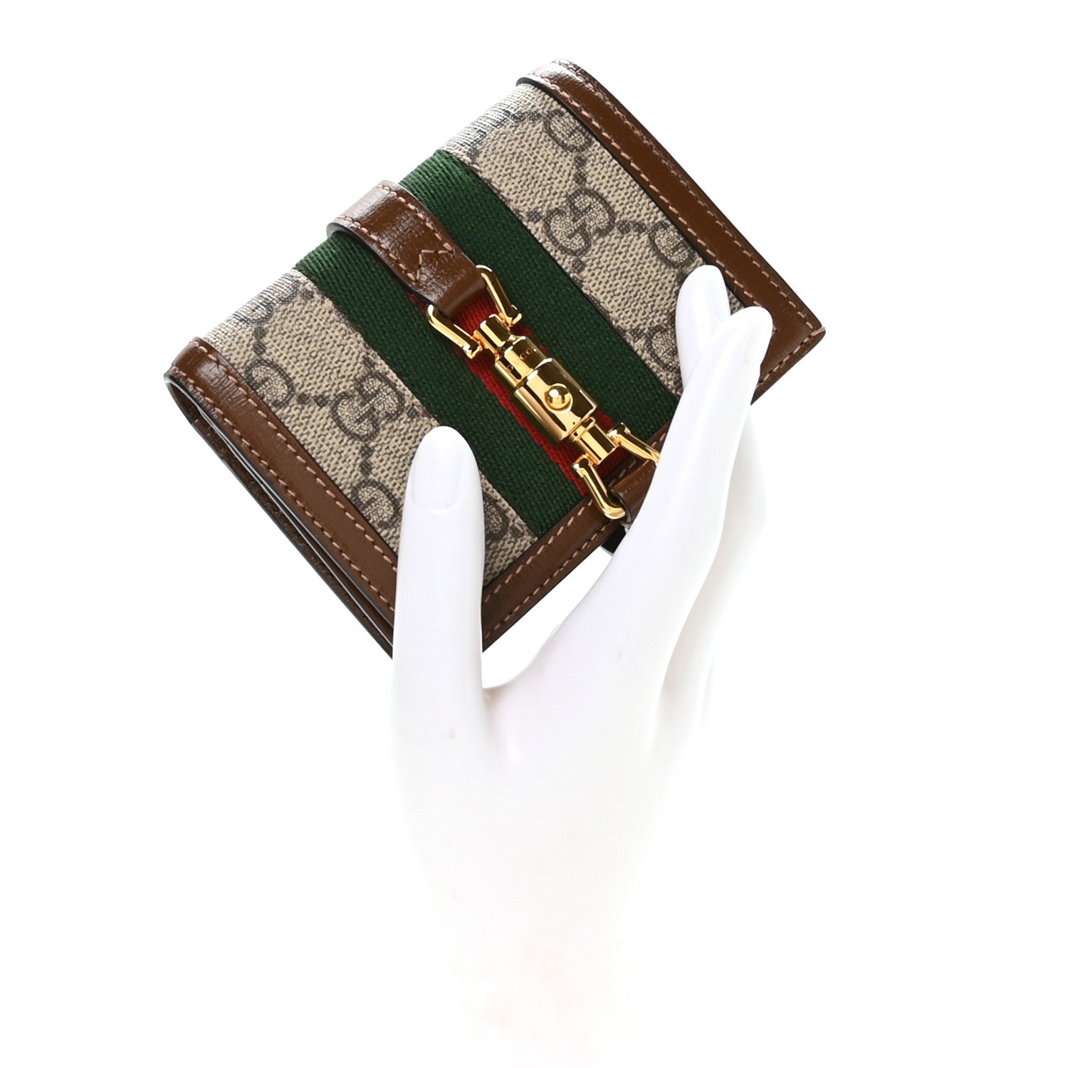 GG Supreme Monogram Textured Calfskin Web Jackie 1961 Card Case Beige Ebony Brown Sugar