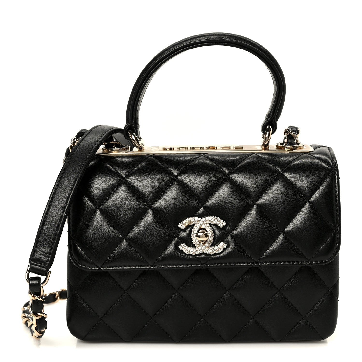 Lambskin Crystal Quilted Mini Trendy CC Dual Handle Flap Bag Black