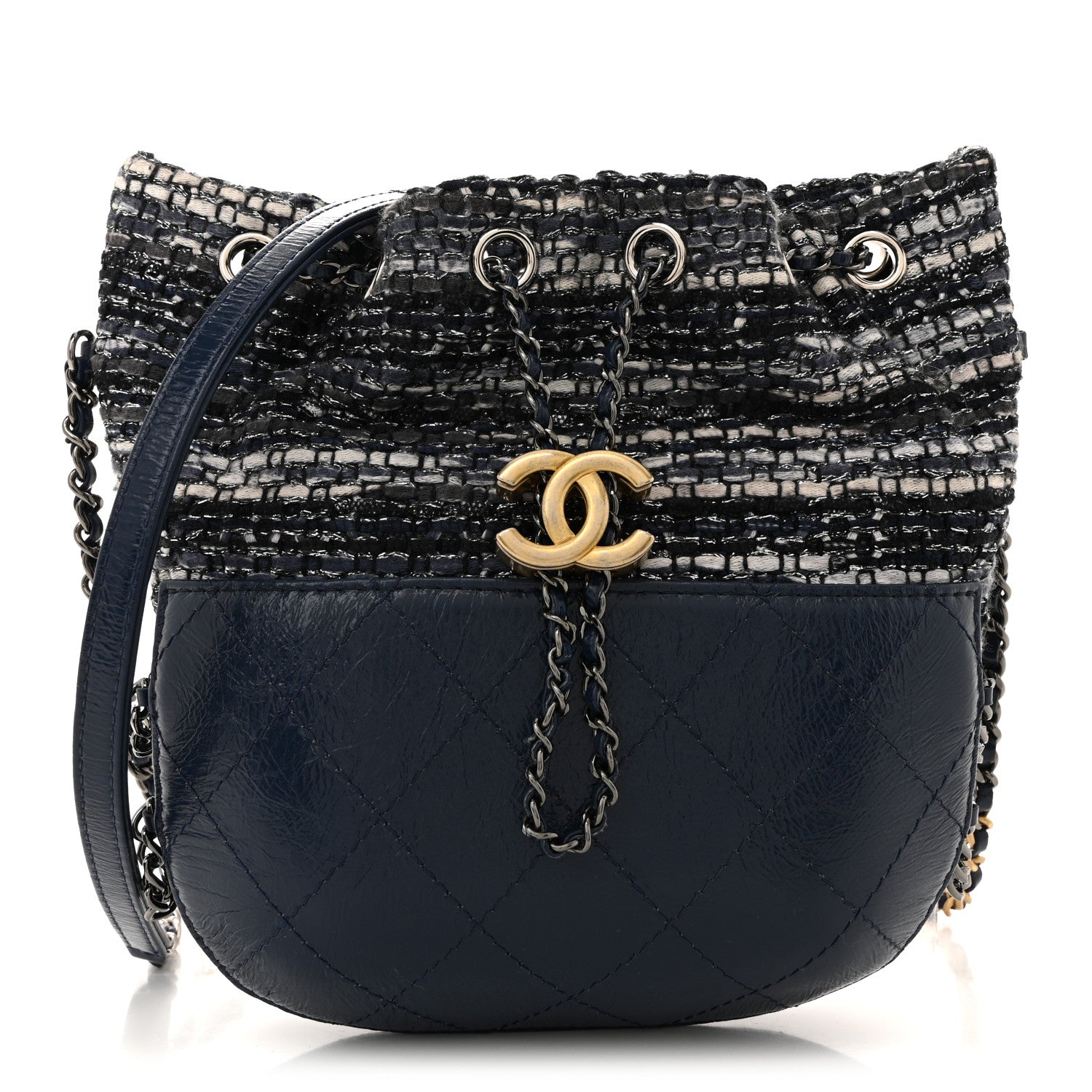 Tweed Calfskin Quilted Small Gabrielle Bucket Blue Multicolor