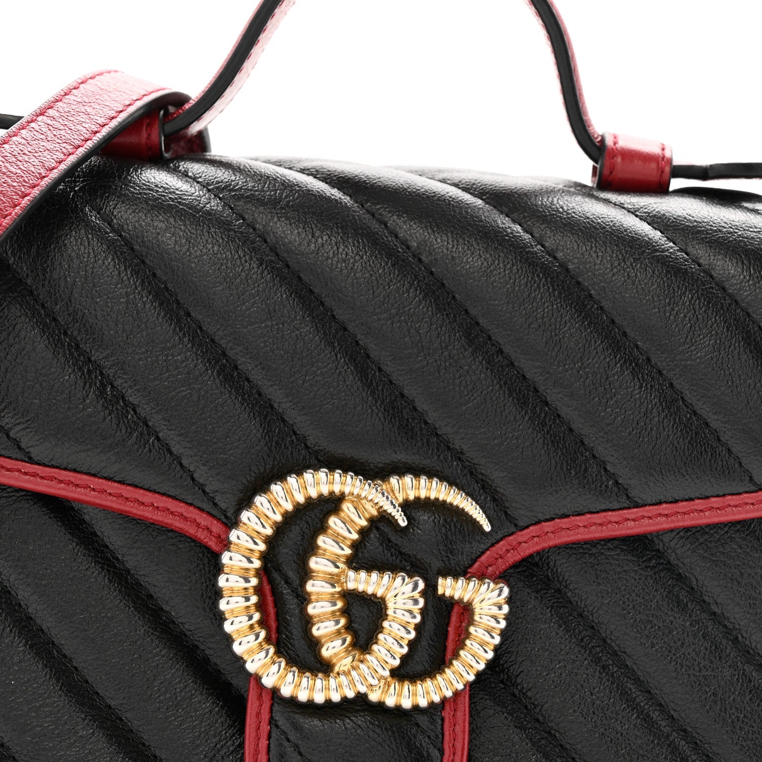 Vintage Effect Calfskin Matelasse Diagonal Mini Torchon GG Marmont Top Handle Shoulder Bag Black Romantic Cherry