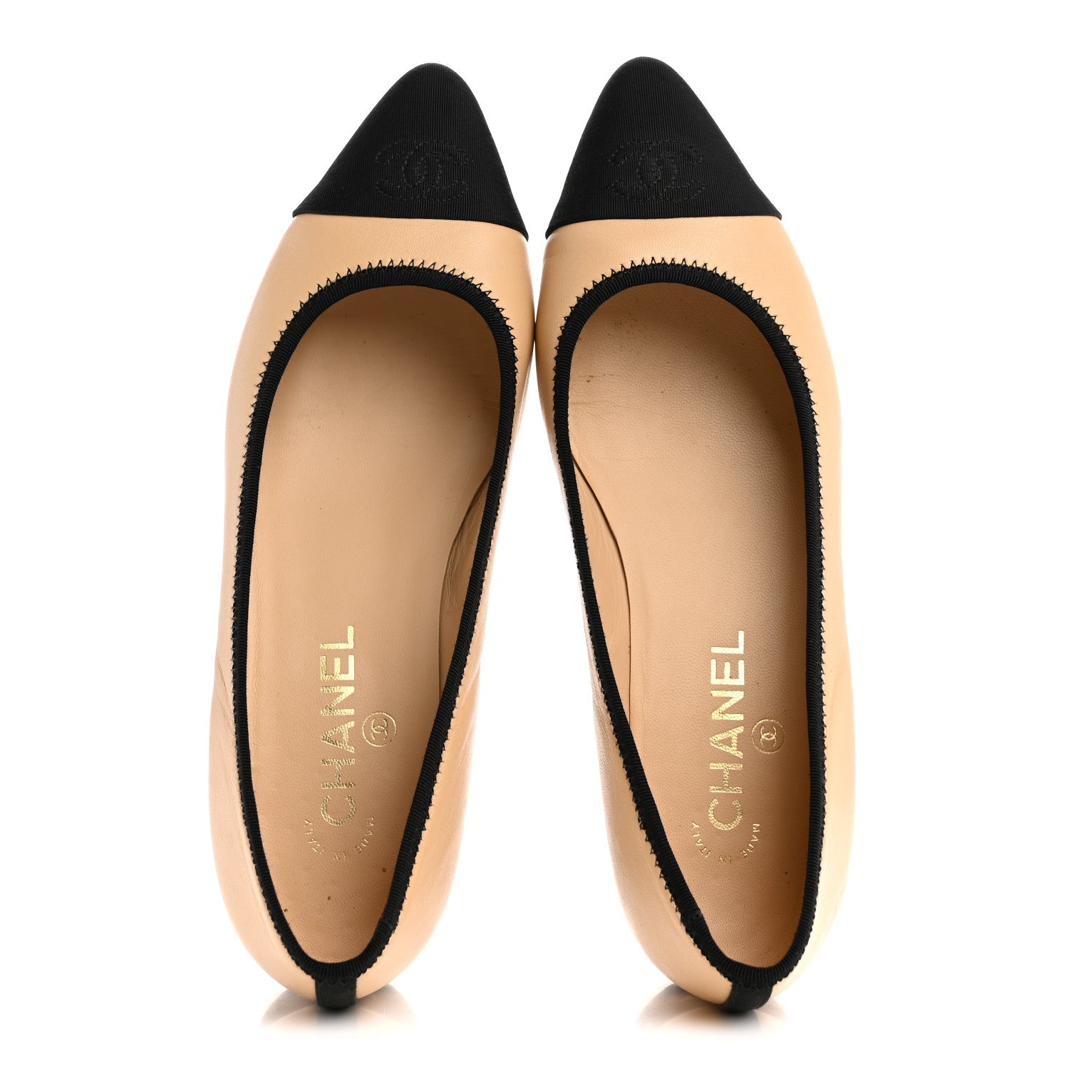 Lambskin Grossgrain Cap Toe Chain CC Flats 39 Beige Black