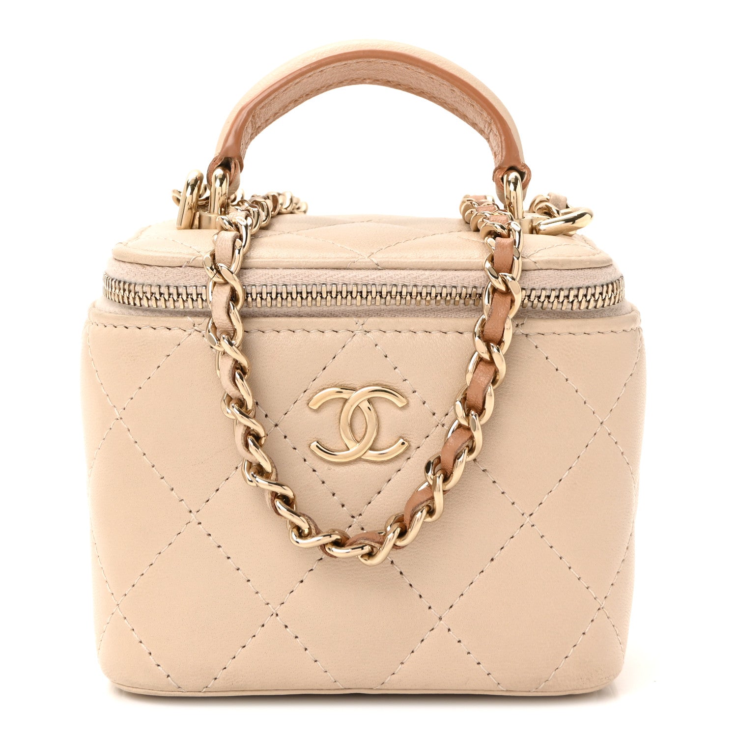 Lambskin Quilted Top Handle Mini Vanity Case With Chain Beige