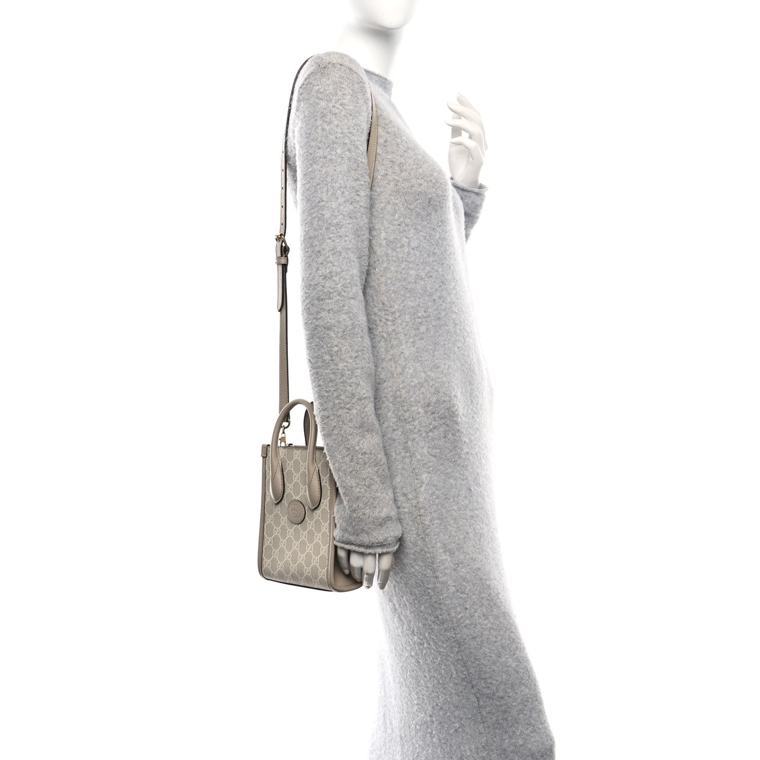GG Supreme Monogram Textured Dollar Calfskin Mini Retro Interlocking G Tote Bag Beige Mystic White Oatmeal