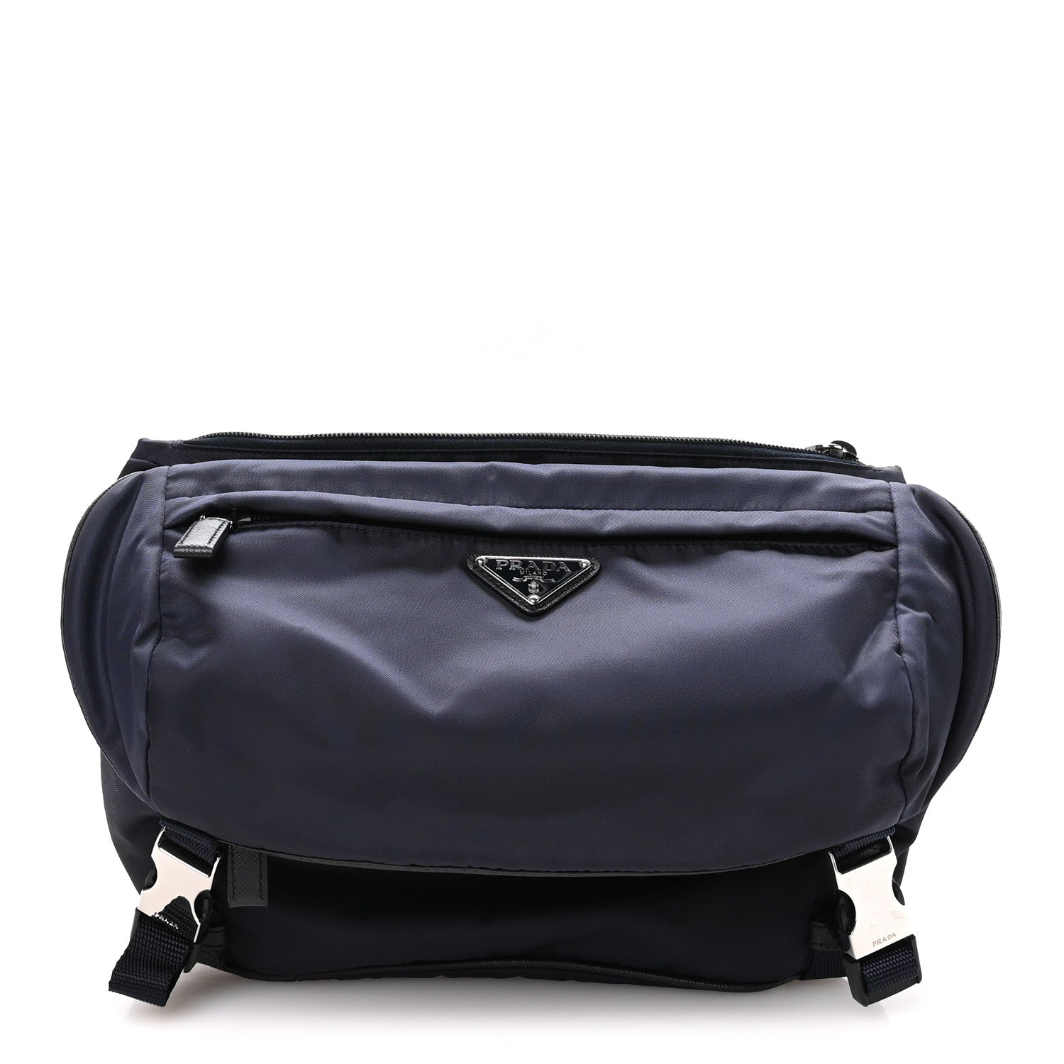 Re-Nylon Saffiano Double Snap Buckle Zip Flap Shoulder Bag Bleu