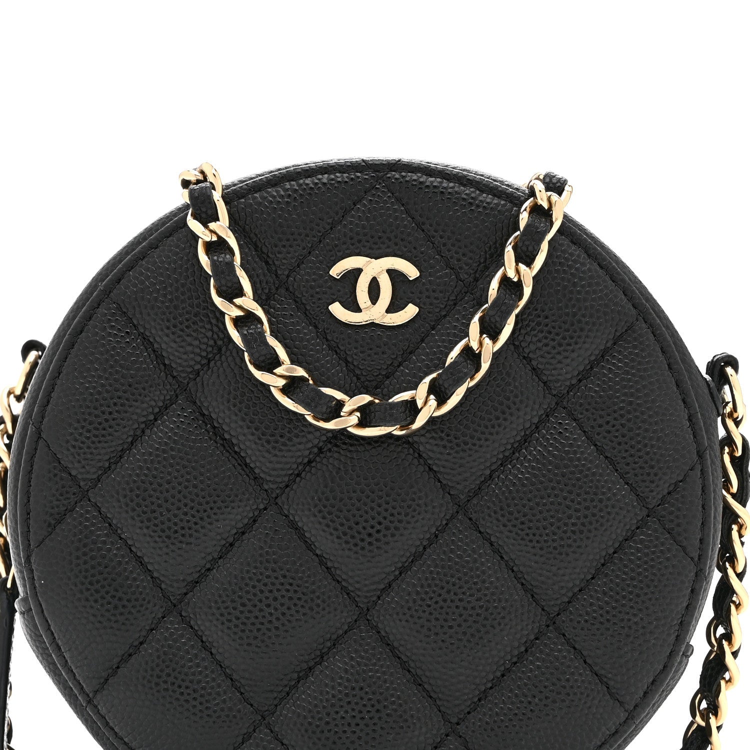 Caviar Quilted Round Clutch With Chain Black