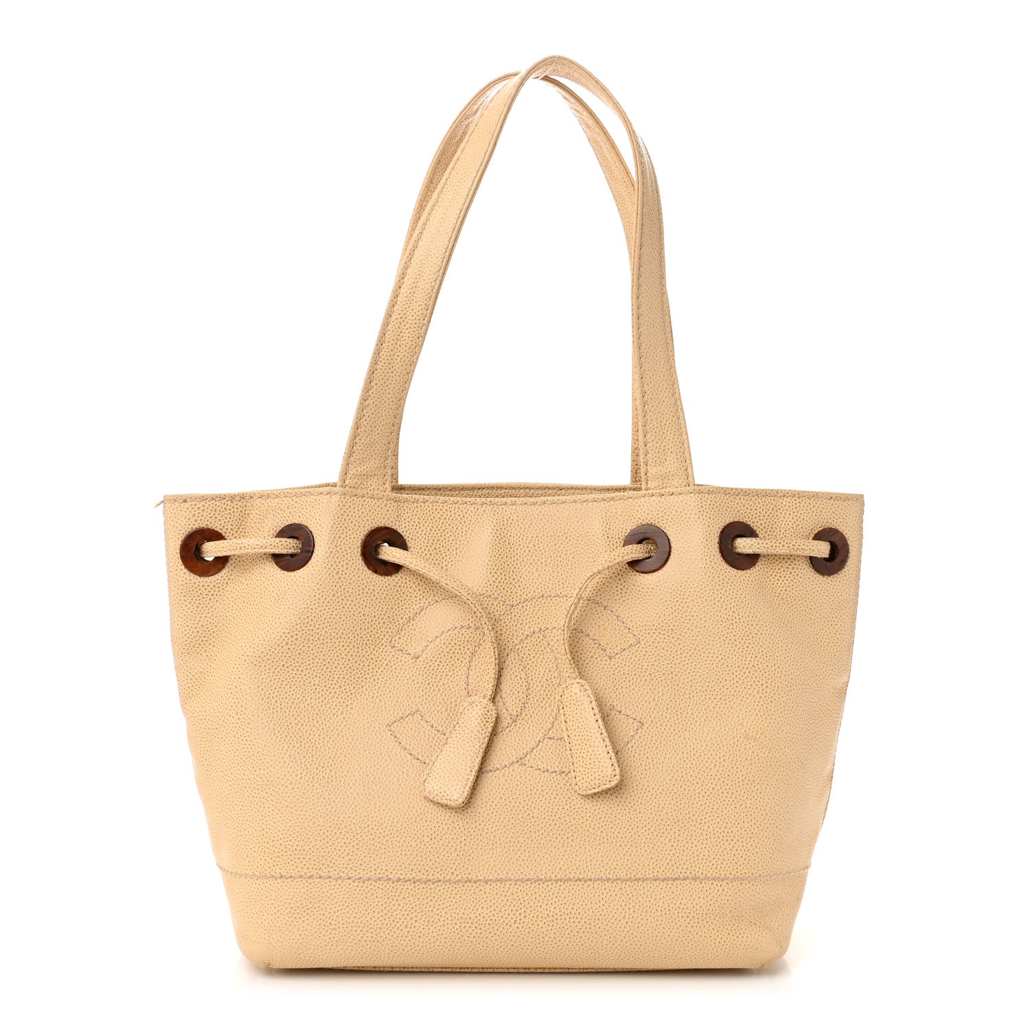 Caviar Wood CC Drawstring Bucket Bag Beige