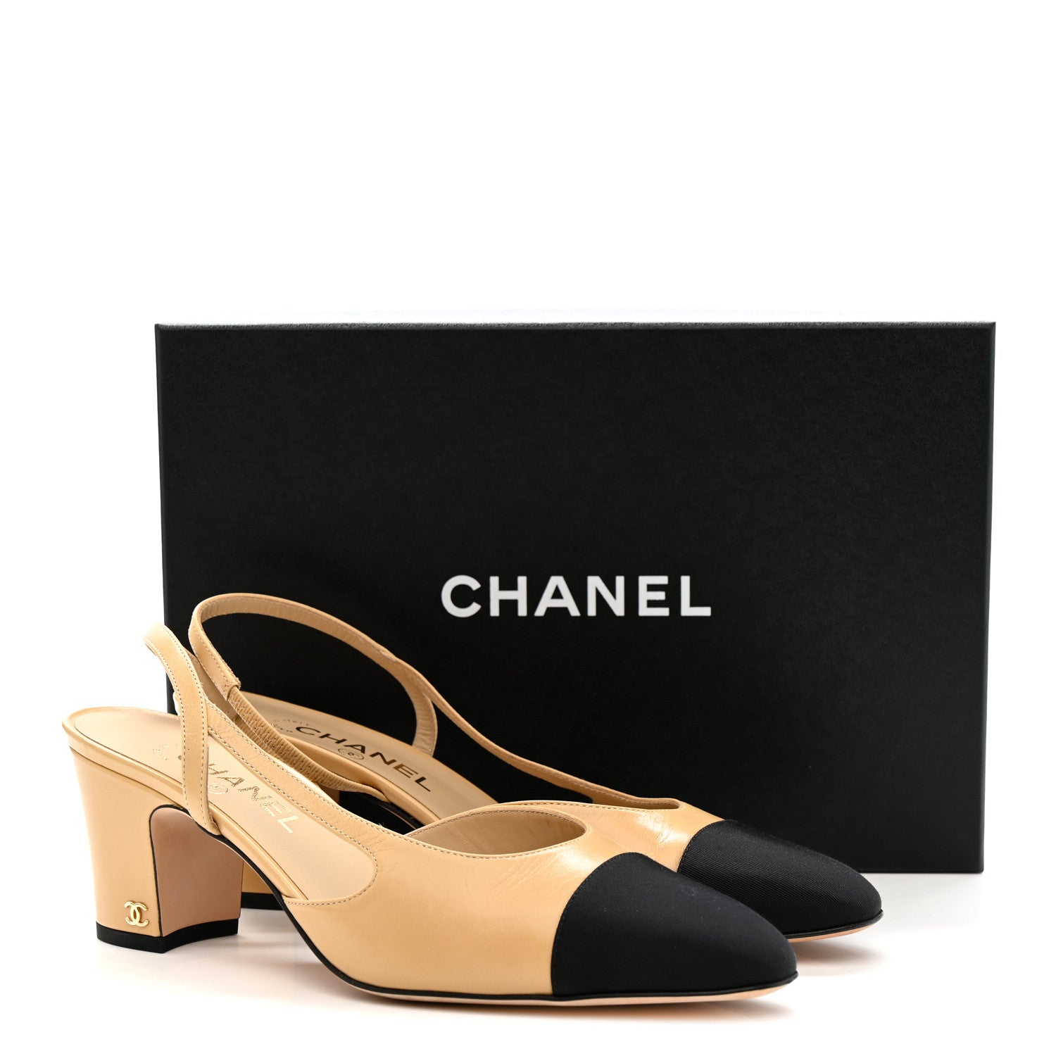 Goatskin Grosgrain Cap Toe CC Slingback Pumps 41 Beige Black