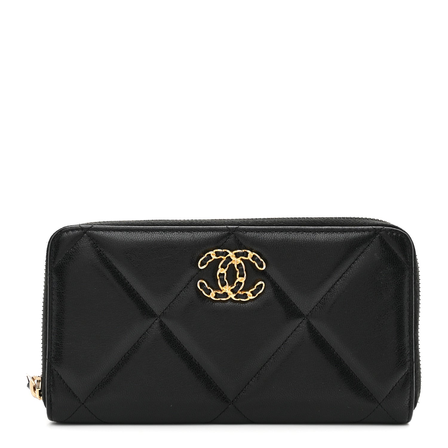 Shiny Goatskin Quilted Chanel 19 Long Zipped Around Wallet Black