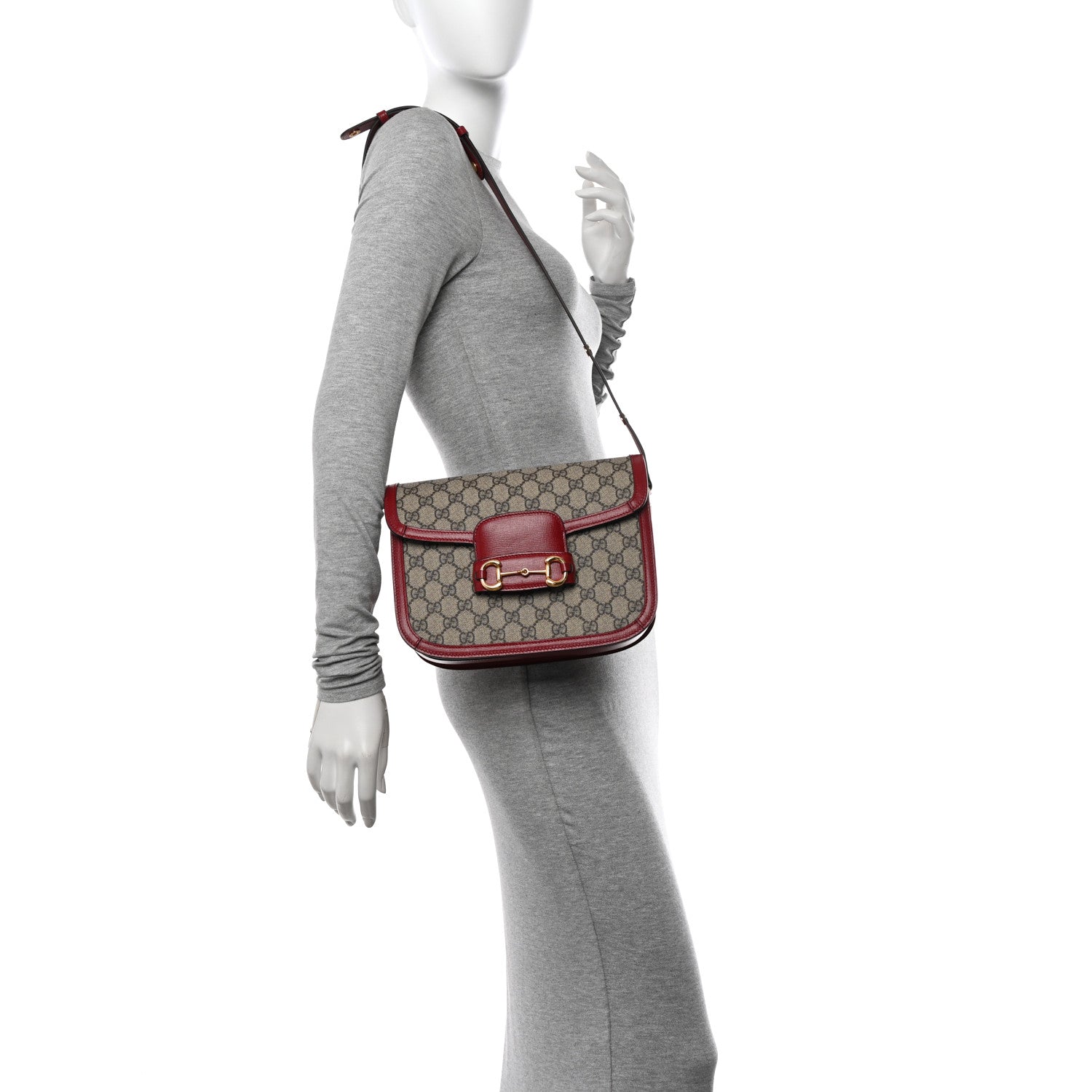 GG Supreme Monogram Azalea Calfskin Horsebit 1955 Shoulder Bag Beige Ebony New Cherry Red