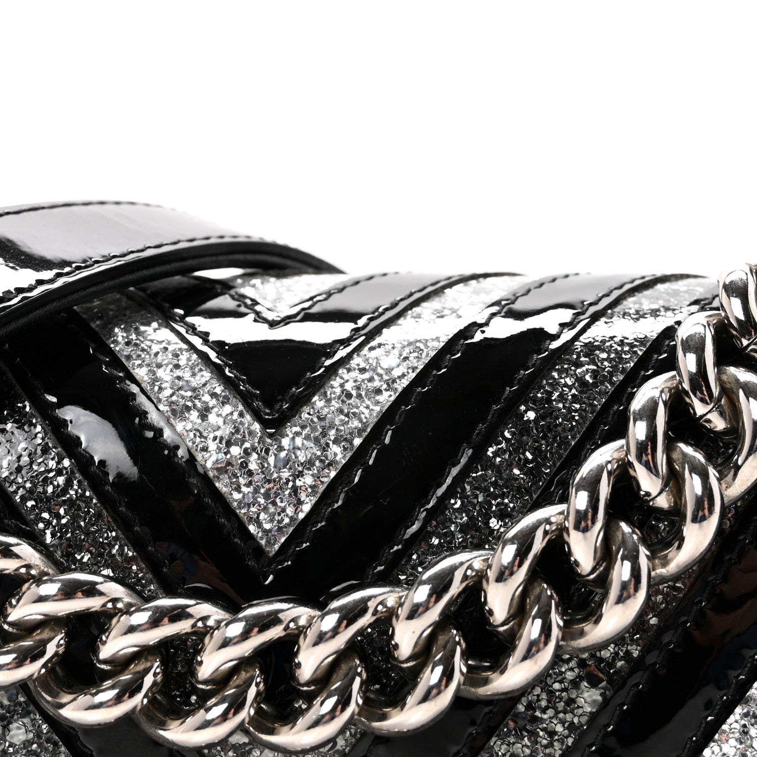 Patent Glitter PVC Chevron Quilted Small Boy Flap Black Silver