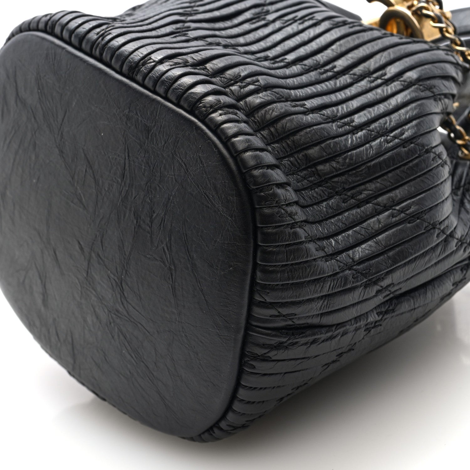 Crumpled Calfskin Coco Pleats Small Drawstring Bag Black