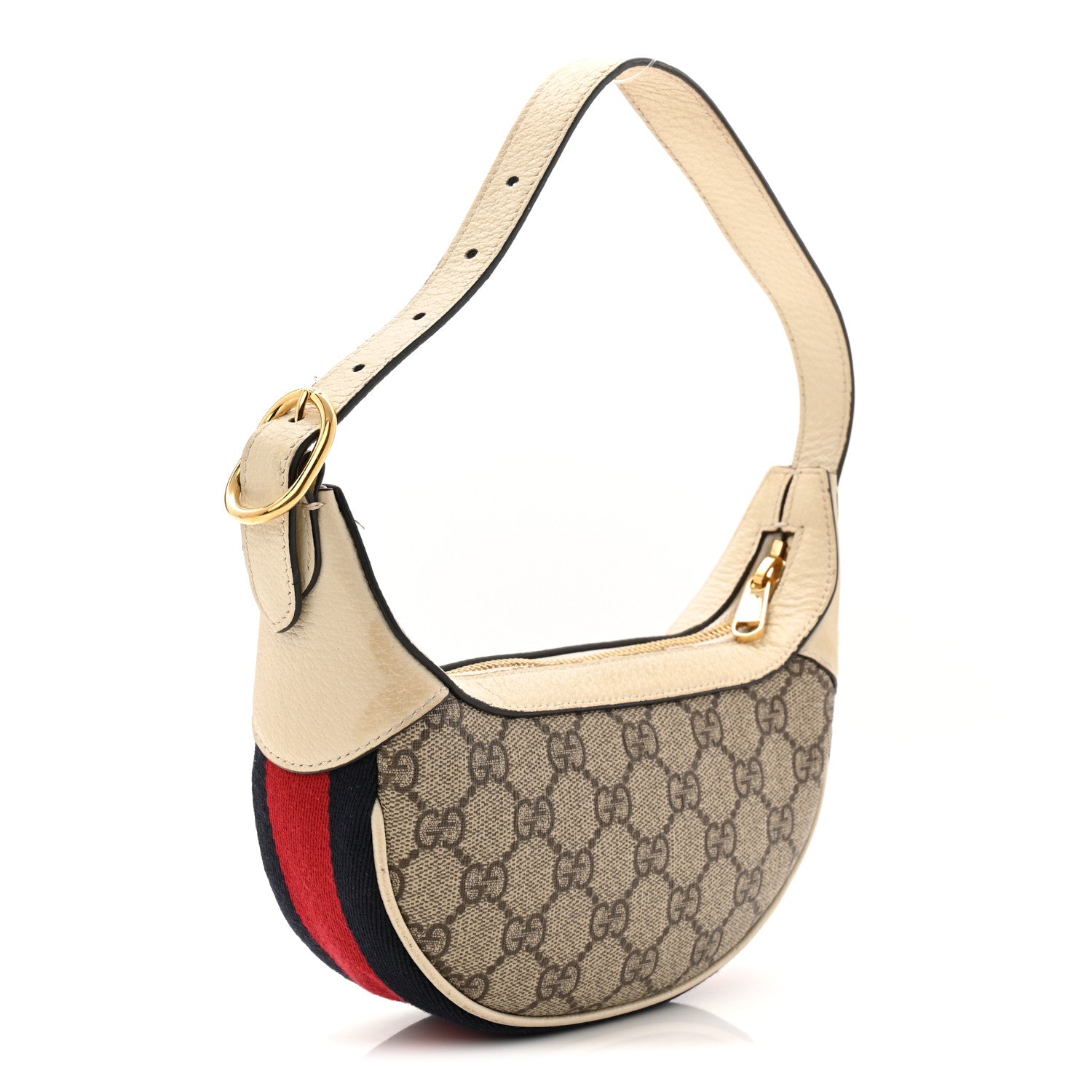GG Supreme Monogram Textured Dollar Calfskin Web Mini Ophidia Half Moon Hobo Beige Ebony Mystic White