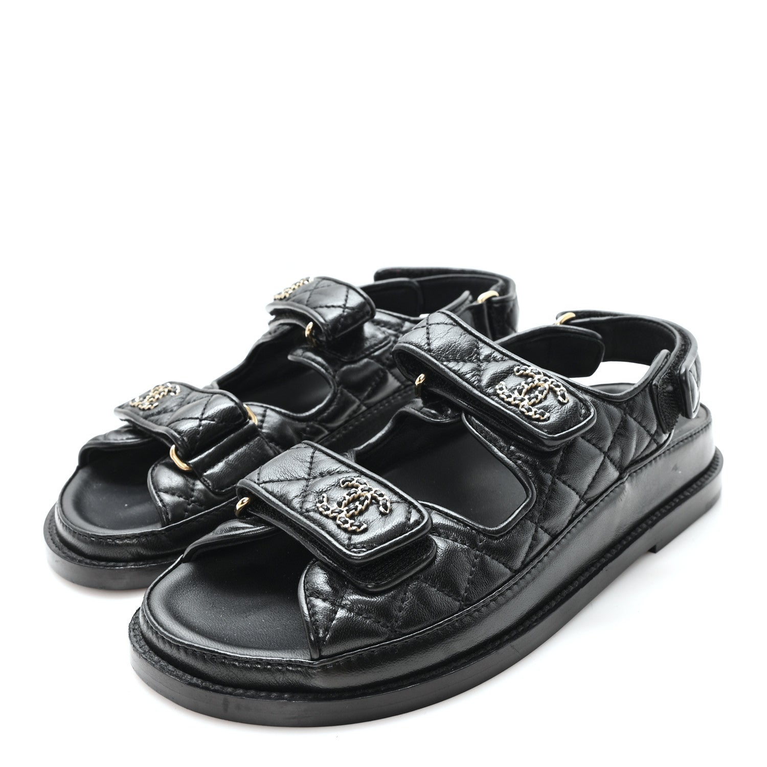 Lambskin Quilted Velcro Dad Chain CC Slide Sandals 36 Black