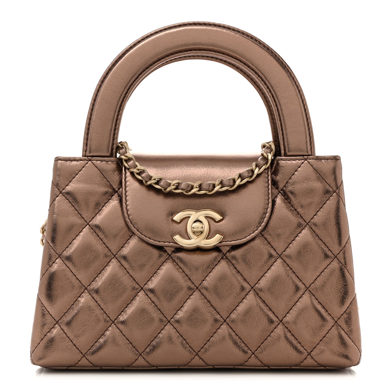 Metallic Aged Calfskin Quilted Nano Kelly Shopper Light Brown