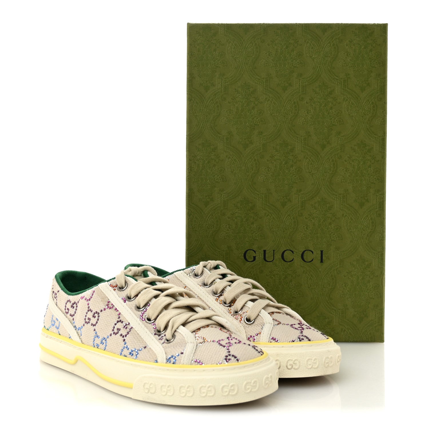 Canvas Lame Crystal GG Monogram Womens 1977 Tennis Sneakers 36 Gardenia Silver Mystic White