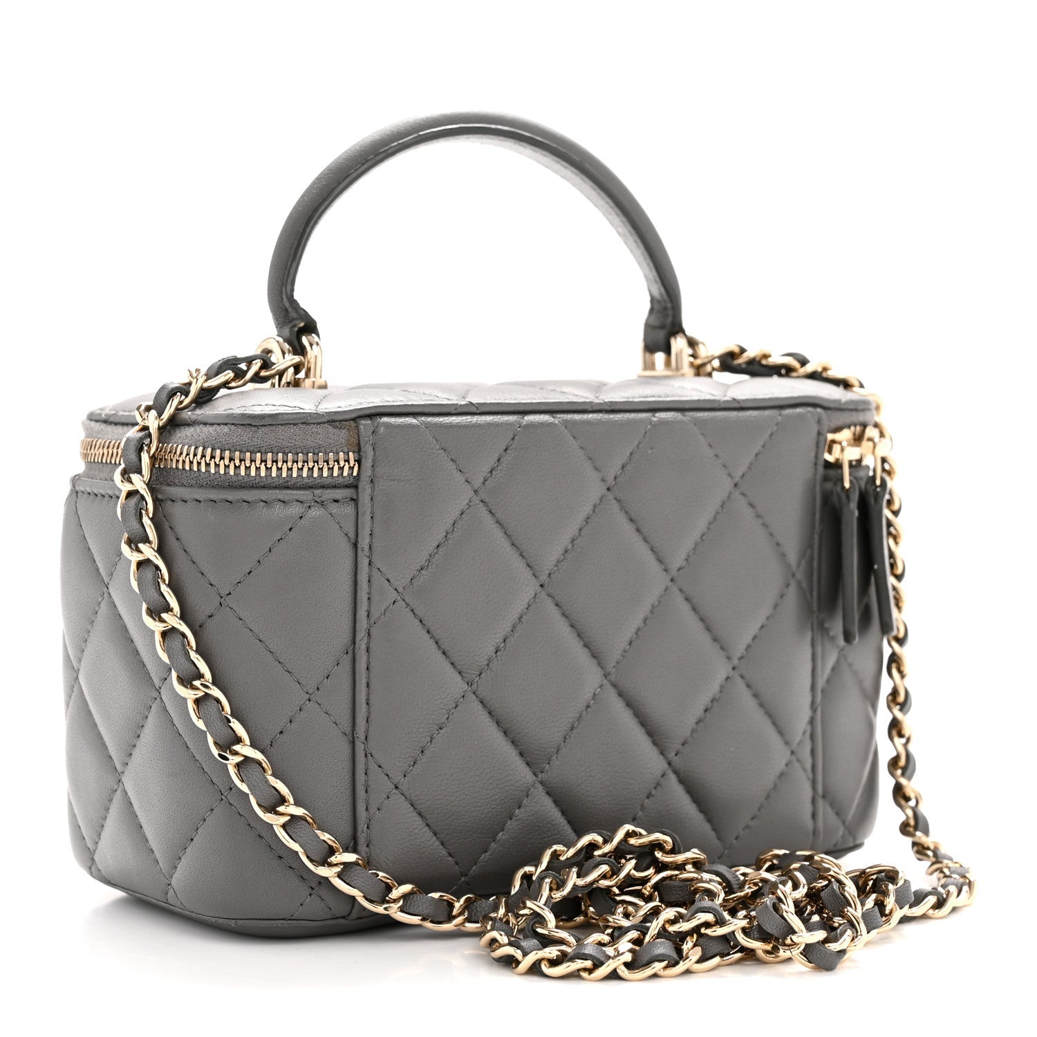Lambskin Quilted Small Top Handle Vanity Case With Chain Dark Grey